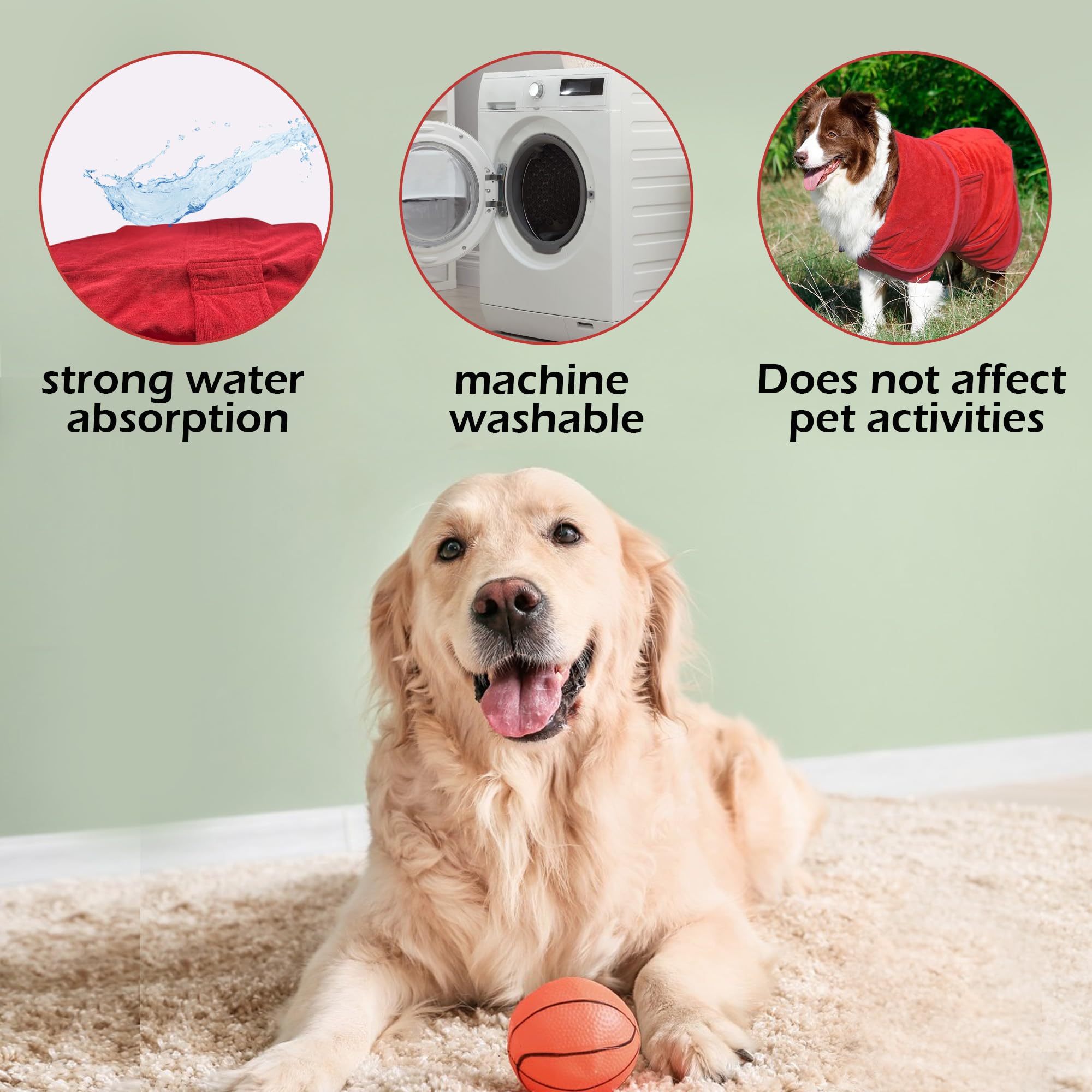 Dog Robe Dog Bathrobe Towel,Fast-Drying Dog Clothing,Microfiber Super Absorbent Dog Drying Coat Bag Towel,Pet Bathrobe Quick Drying with Adjustable Collar and Waist After Bath Beach Pool (Red,Large)