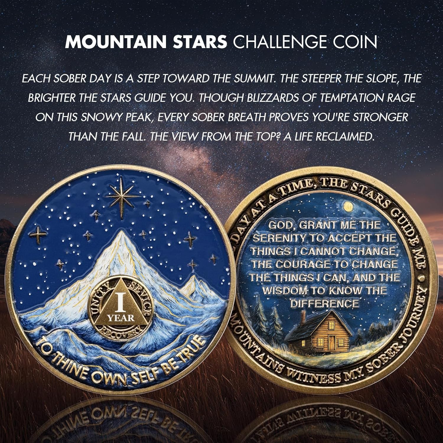 Snowy Mountain Warm Cabin 1 Year Sobriety Coin - Cozy Loving Family AA NA Recovery Chips & Medallions - 1-10 Years Sober Coins - Alcoholics Narcotics Anonymous Gifts for Men Women - Image 2