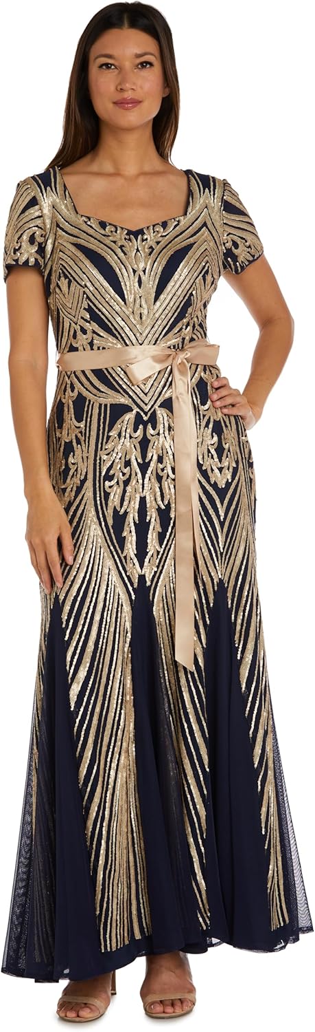 Elegant Long Sweetheart Neck Sequin Panel Godet Dress W/Short Sleeves & Satin Sash 18 Navy Gold