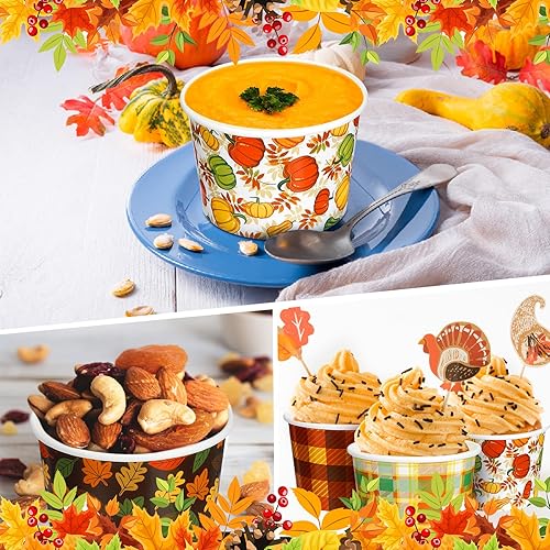Miniatura 5 de Uiifan 200 vasos de papel de 9 onzas para Acción de Gracias, cuencos de papel con temática de otoño, tazas de papel de hojas de otoño, tazas de sopa