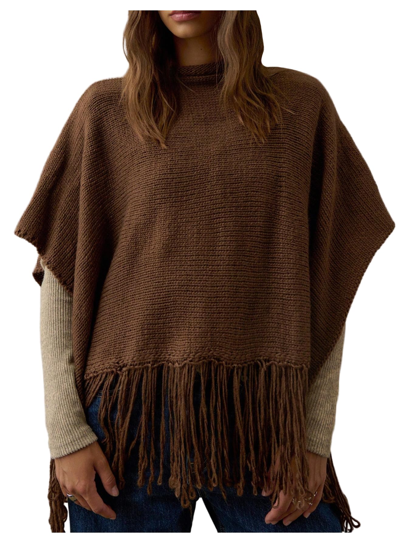 MakeMeChic Womens Mock Neck Poncho Sweater Asymmetrical Fringe Pullover Tops