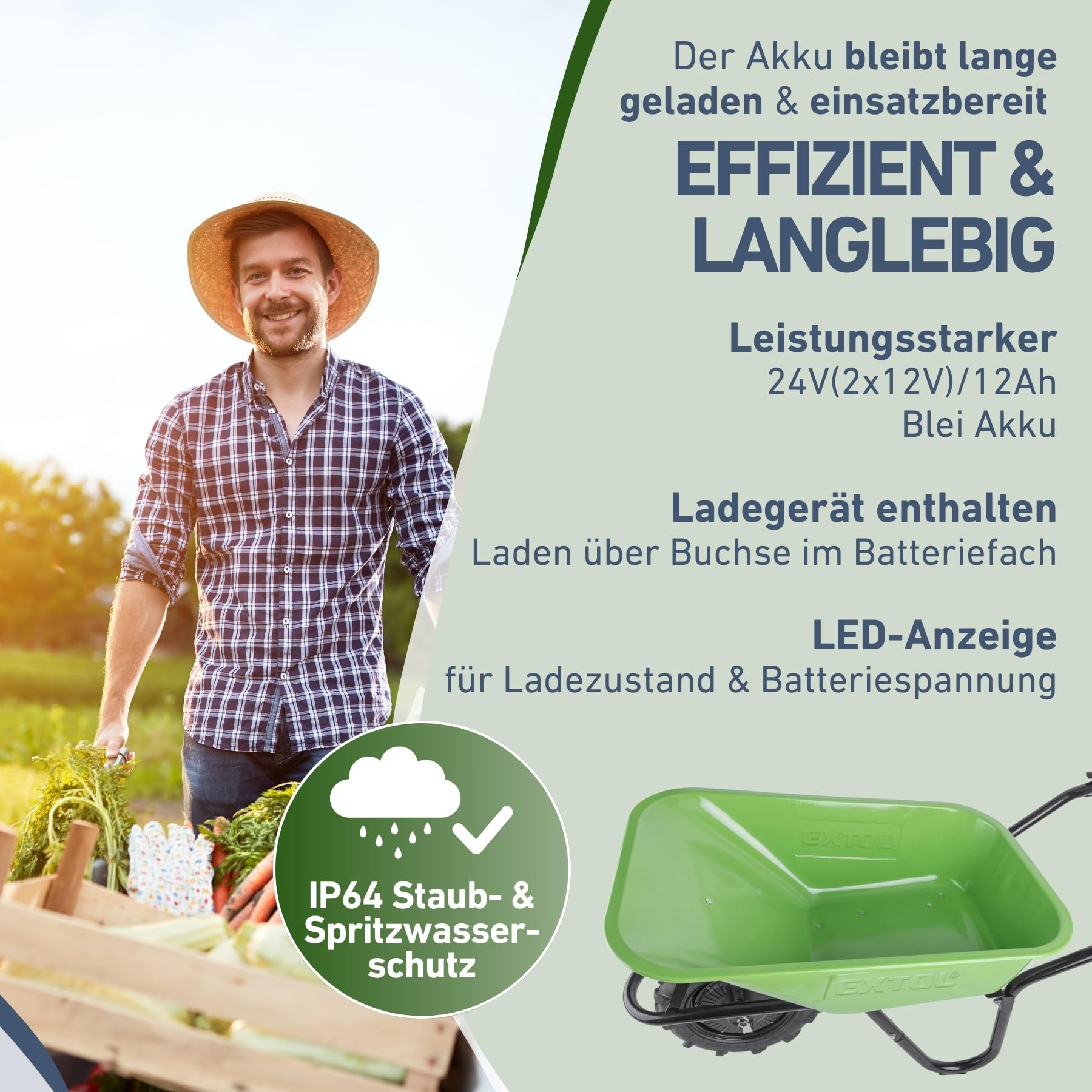 Extol Craft elektrische Schubkarre mit Akku, 500 W, 80 L Mulde & 150 kg Traglast, leistungsfähige Motorschubkarre, Offroad-taugliche Akkuschubkarre, mit Zwei 12V Blei Batterien
