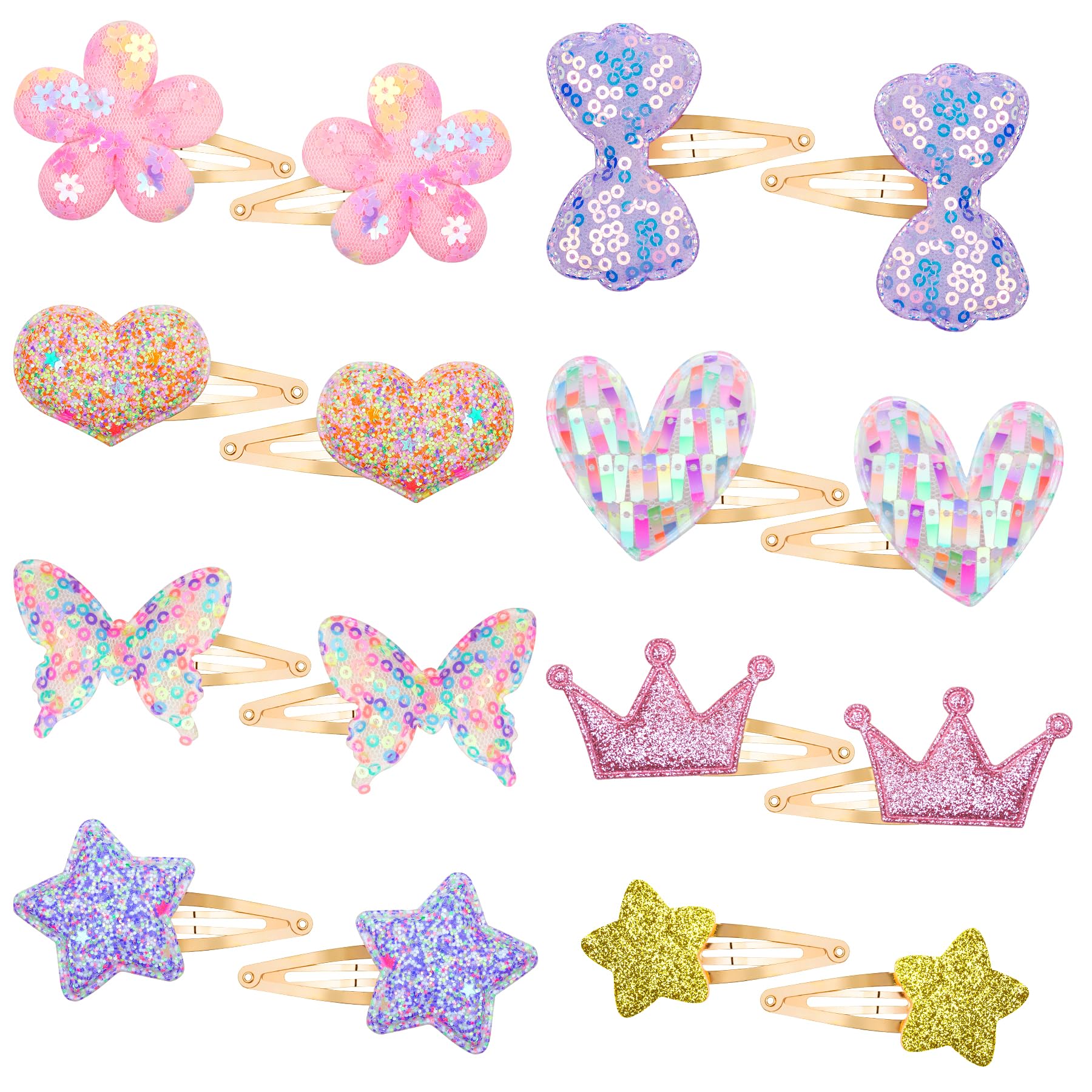 Gingbiss Hair Clips Set: 16 Sparkly Metal Snap Barrettes for Girls, Flower/Star/Crown/Heart/Butterfly Shaped Styling Accessories 1 Count (Pack of 16)