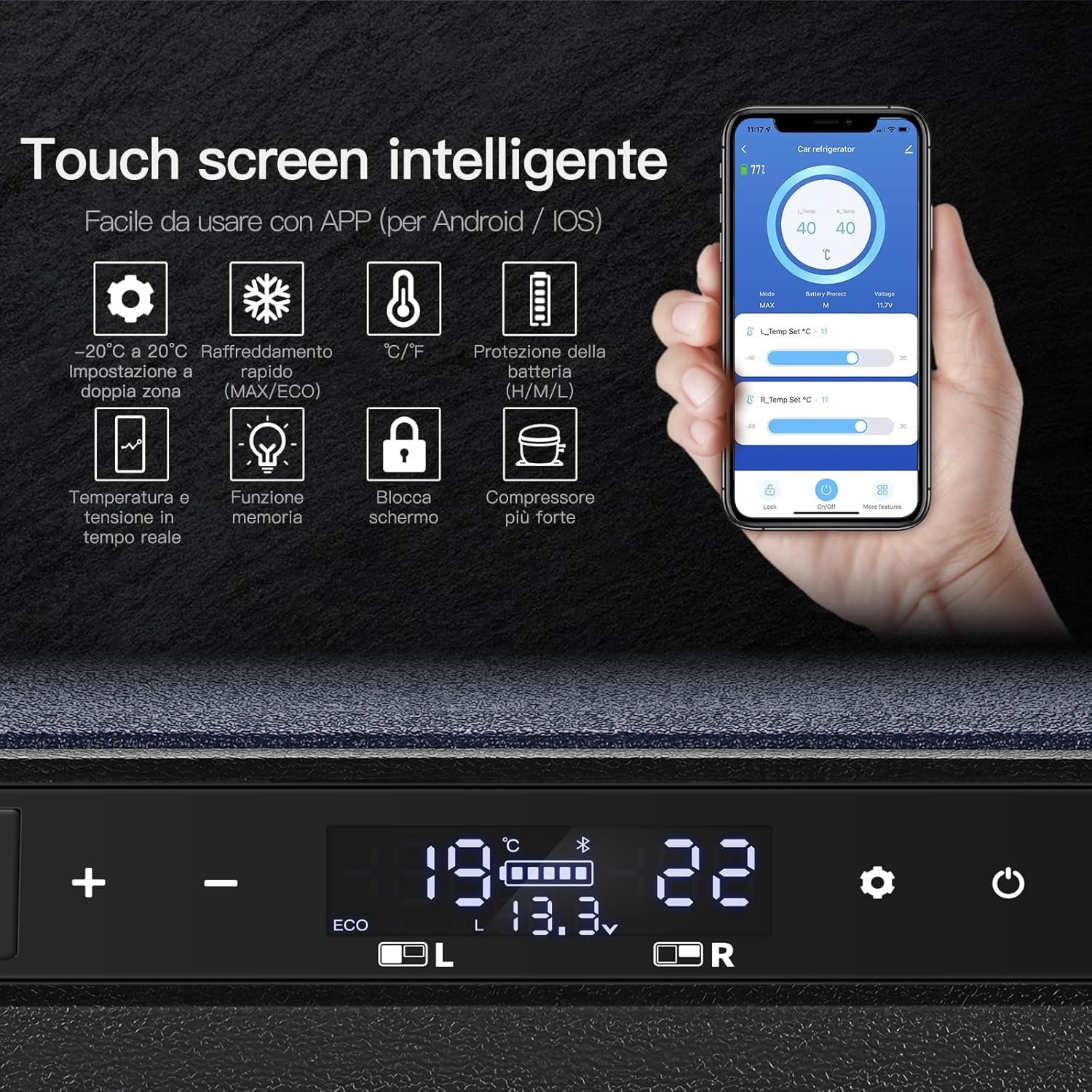 AAOBOSI Frigo Portatile, Frigo Per Auto Doppia Zona, Frigorifero da Viaggio con WiFi, -20 ℃ a 20℃, 12/24V DC e 100/240V AC,Per Auto, Camion, Camper, Barca e Presa Di Corrente