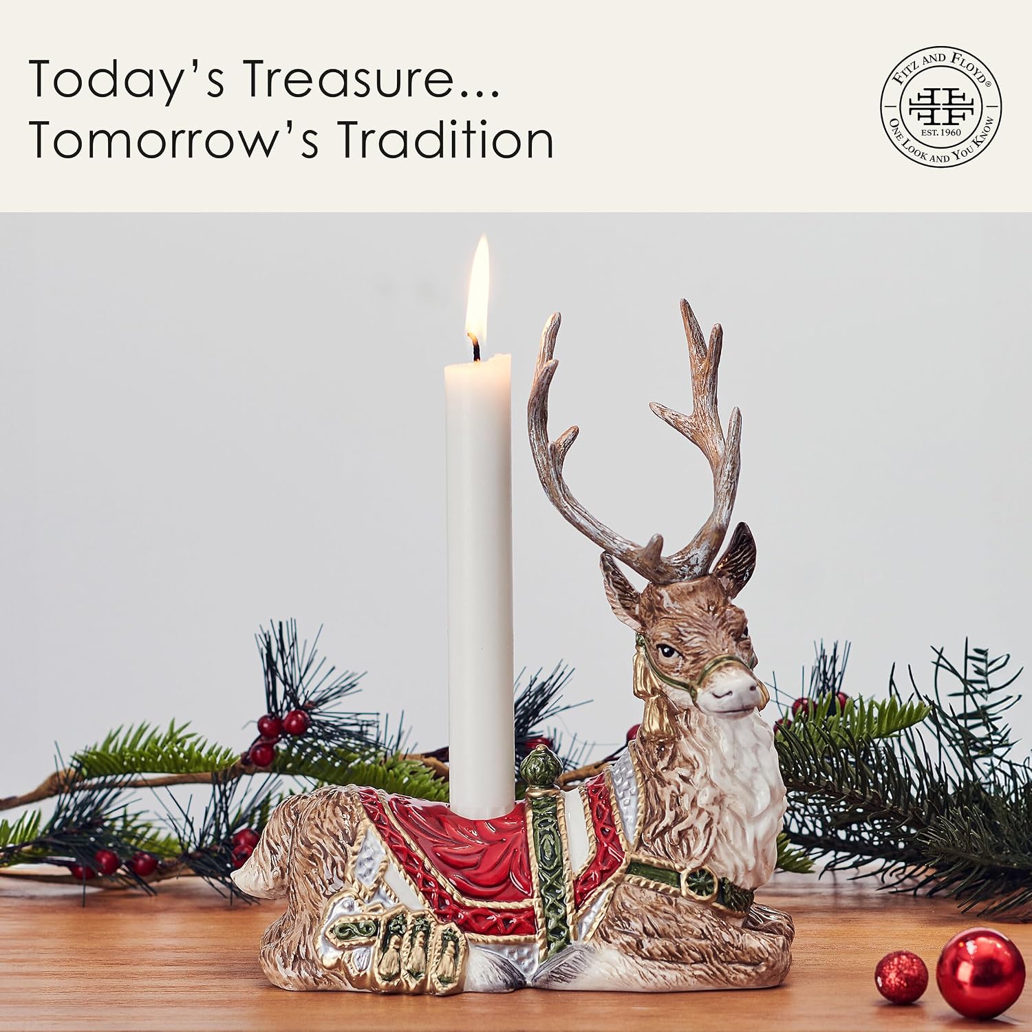 Fitz and Floyd Telluride Red Resting Deer Candleholder, Ceramic Holiday Décor, Hand-Painted Christmas Mantel Accent Centerpiece, 8.75 Inch