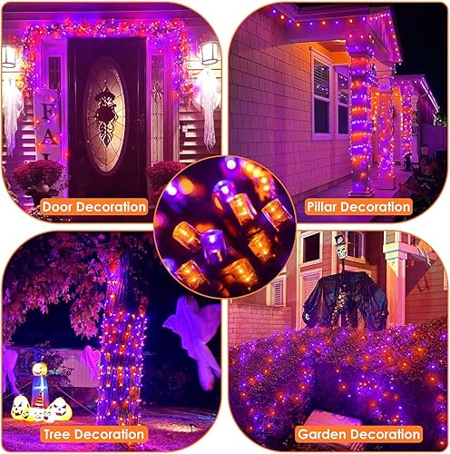 Miniatura 3 de Paquete de 2 luces de Halloween moradas y naranjas de 164 pies, 400 LED, extensibles, impermeables, 8 modos, luces brillantes para interiores y