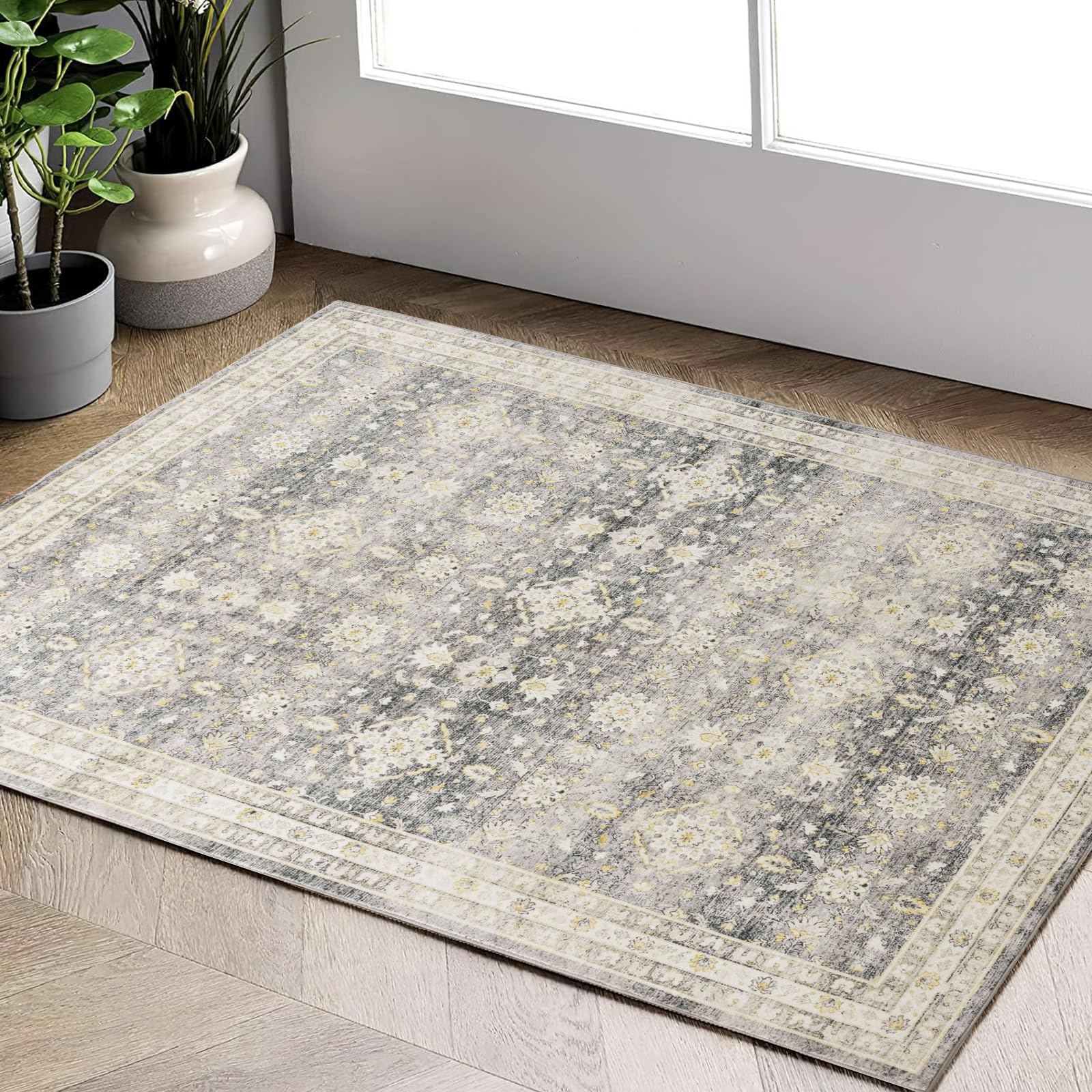 Tapis de sol pour cuisine et salle de bain Carvapet motif floral gris