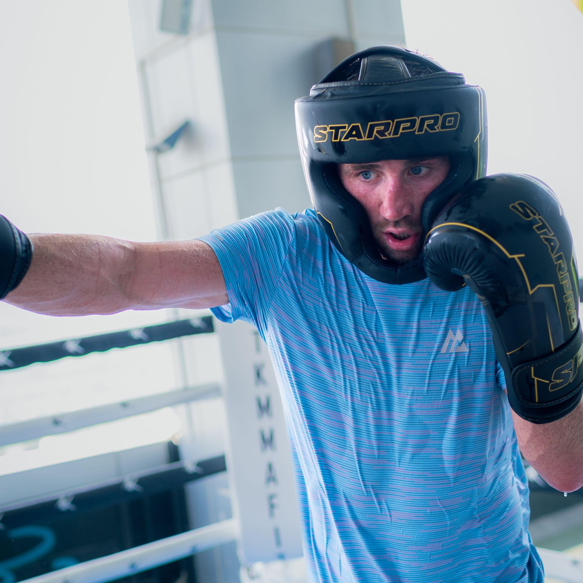 Starpro Guantes de Boxeo Premium Negros | Cuero PU | Ajuste ergonómico, Espuma de Alta Densidad, Soporte para la muñeca, Ideales para Entrenamiento y Combate