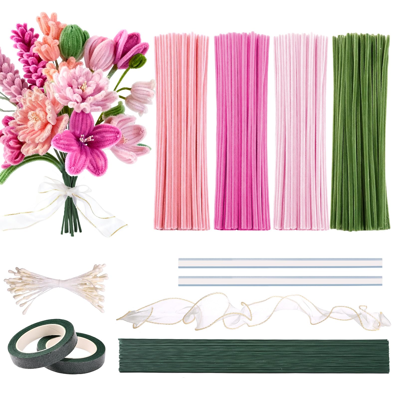 Naler 400 Pcs Pipe Cleaners Craft Kit with 4 Colors Chenille Stems Wire and Fiber for DIY Flowers Bouquet 30cm Flexible Stems with Floral Tape Stamens Glue Sticks and Ribbon for School Arts and Crafts