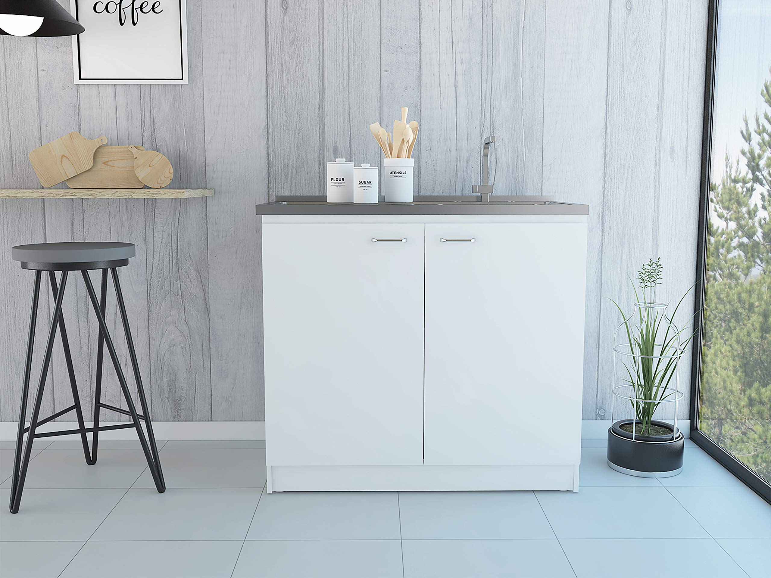 Utility Sink, Double Door Cabinet, Stainless Steel Countertop