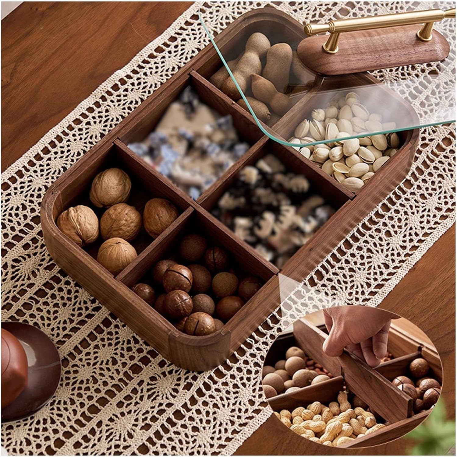Vassoio per snack in legno con coperchio, vassoio da portata diviso per snack, organizer per alimenti fatto a mano per patatine, verdure, noci e dolci, vassoio da scrivania per soggiorno da 30 x 30 cm