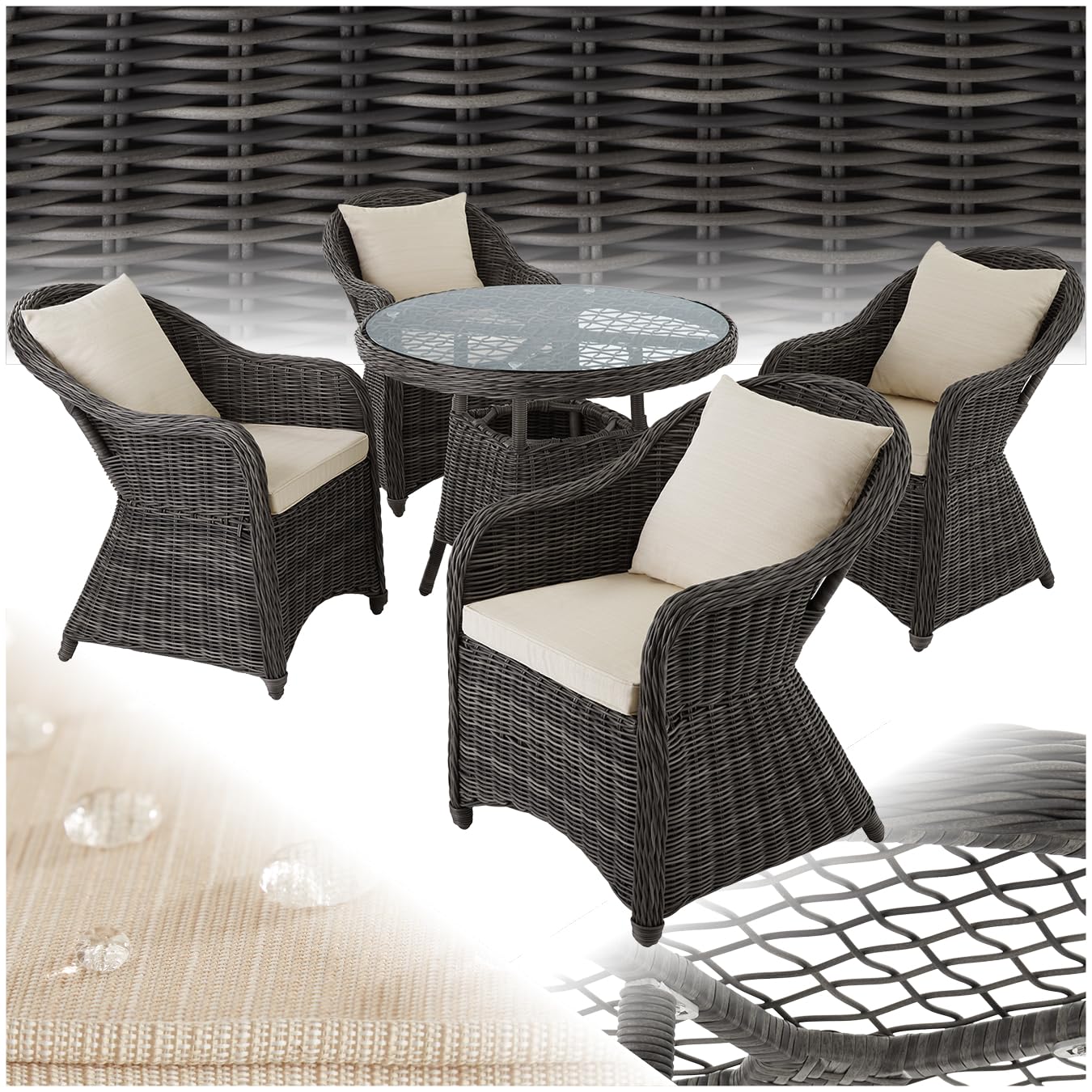 tectake® Sitzgruppe, Rattan Gartenmöbel Set, 1x Tisch und 4X Stuhl, Möbel wetterfest als Lounge im Wintergarten, Balkonmöbel, Gartensessel, Terrassenmöbel - grau