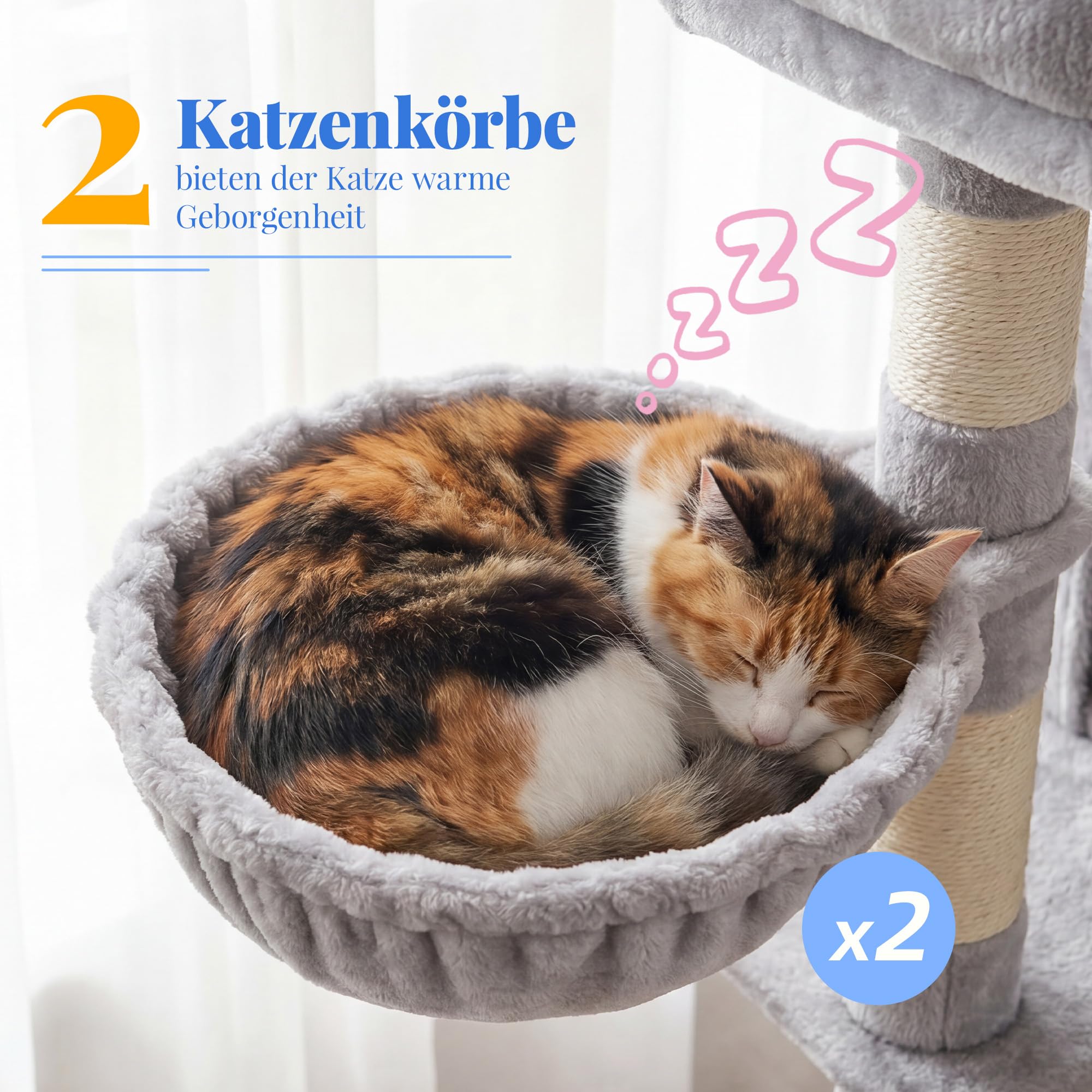 Hey-brother Kratzbaum, 188 cm Katzenbaum, XXL Kletterbaum mit 2 groß Plattform, 3 Höhlen, 2 Korb, Plüschbälle und Sisal Kratzbäume, mehrstöckiger Katzenkratzbaum, Hellgrau MPJ035-MW