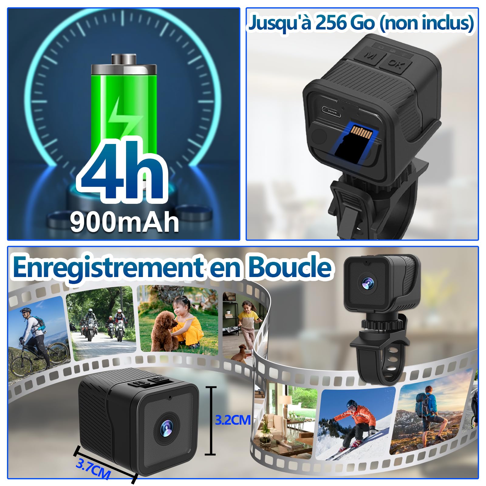Action Cam 1080P WiFi 120° étanche, Camera Moto/Velo 4h