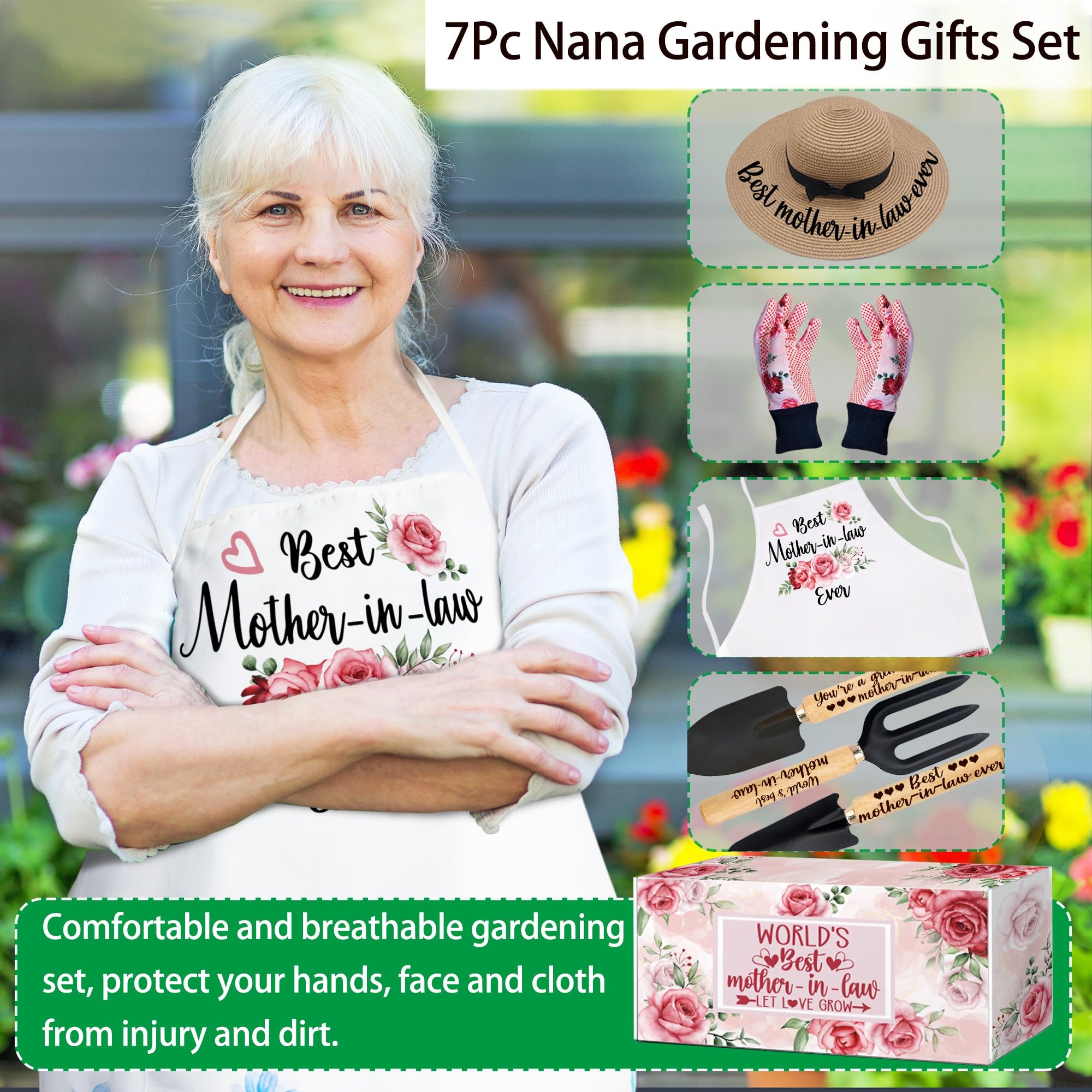 Gardening Gift Set For Mother-in-Law - Includes Apron, Tools, Gloves & Hat In Floral Box