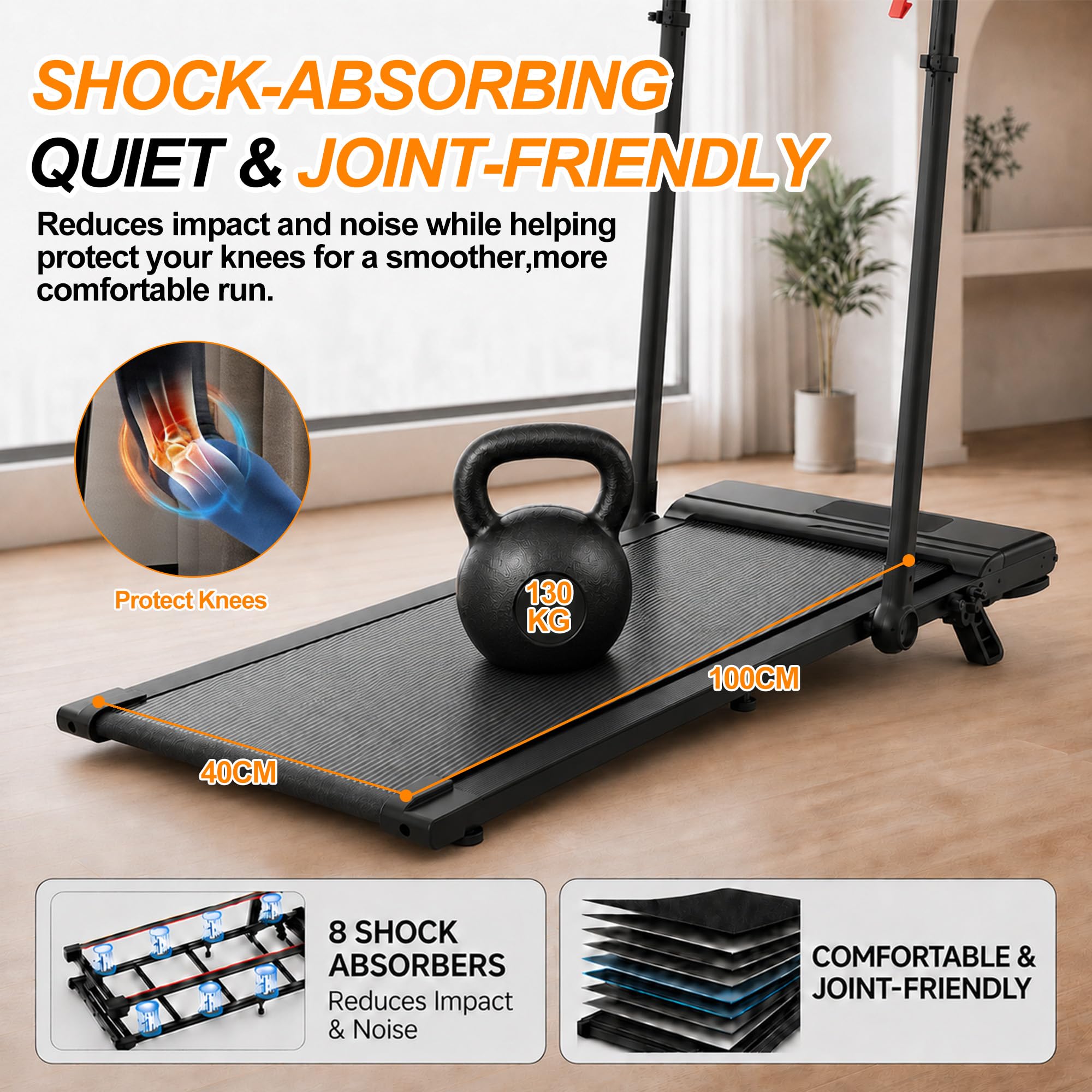 Tapis de course pliable, Walking Pad 6 en 1 avec inclinaison à 2 niveaux, vitesse 1–12 km/h, guidon extensible 15 cm, poste de travail, tapis silencieux, charge 130 kg