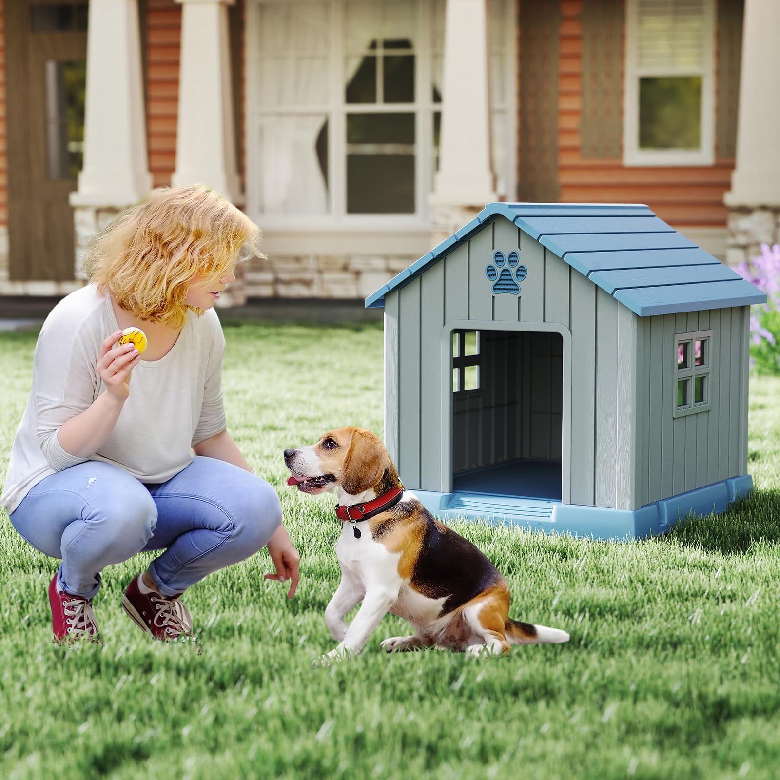 COSTWAY Caseta Perro Grande, 76x83x83 cm, Casa de Perro Exterior con Rejillas de Ventilaciones y Base Elevado, Refugio Impermeable Aislado para Mascotas Pequeños y Medianos Interior y Exterior, Azul