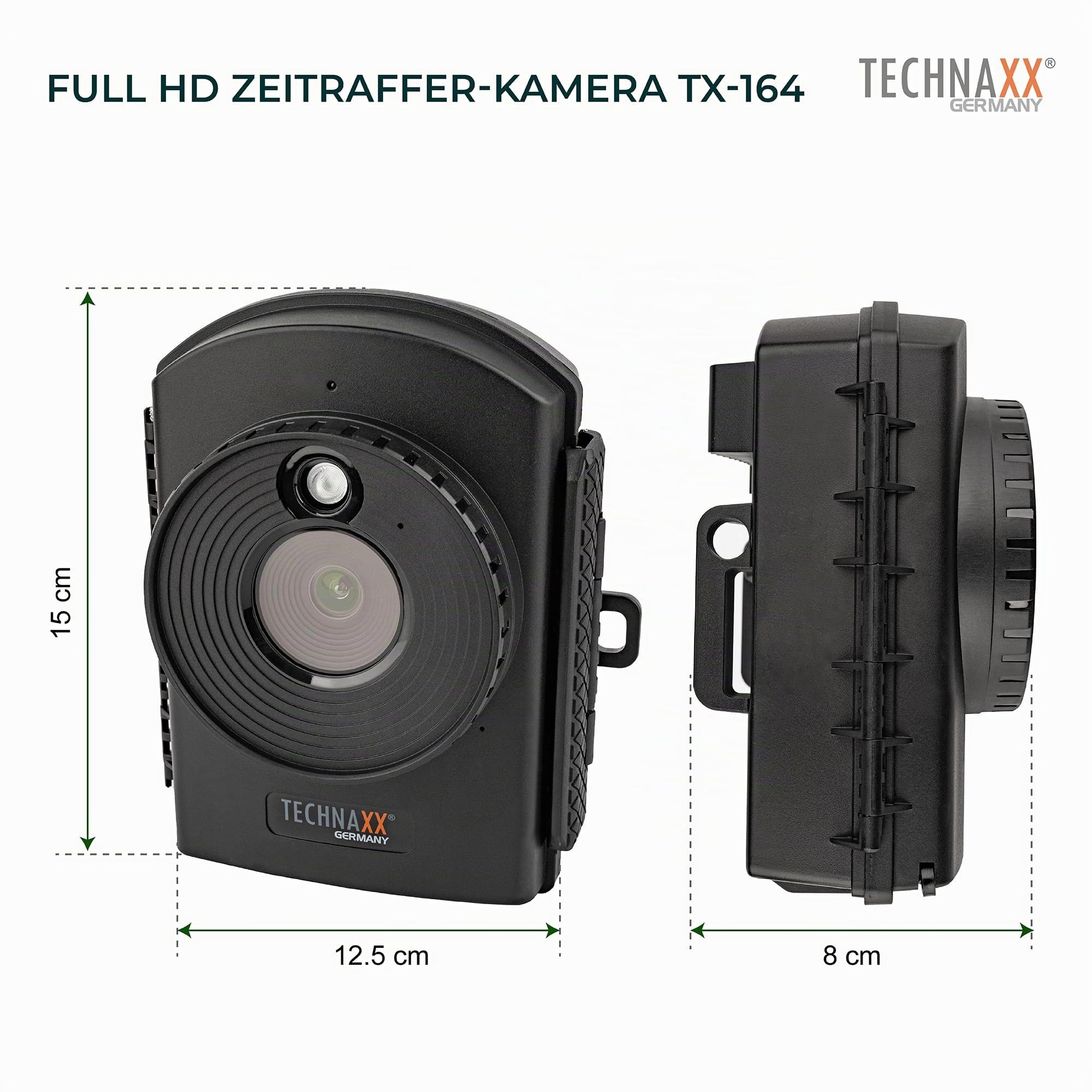 Technaxx - Zeitraffer Kamera Full HD - Überwachung Zeitrafferkamera, Baustelle, Haus, Heim, Garten - 6 Monate Batteriebetrieben - MicroSD, Mikrofon, Ton, LED, Tag & Nacht - Wasserdichte Kamera TX-164