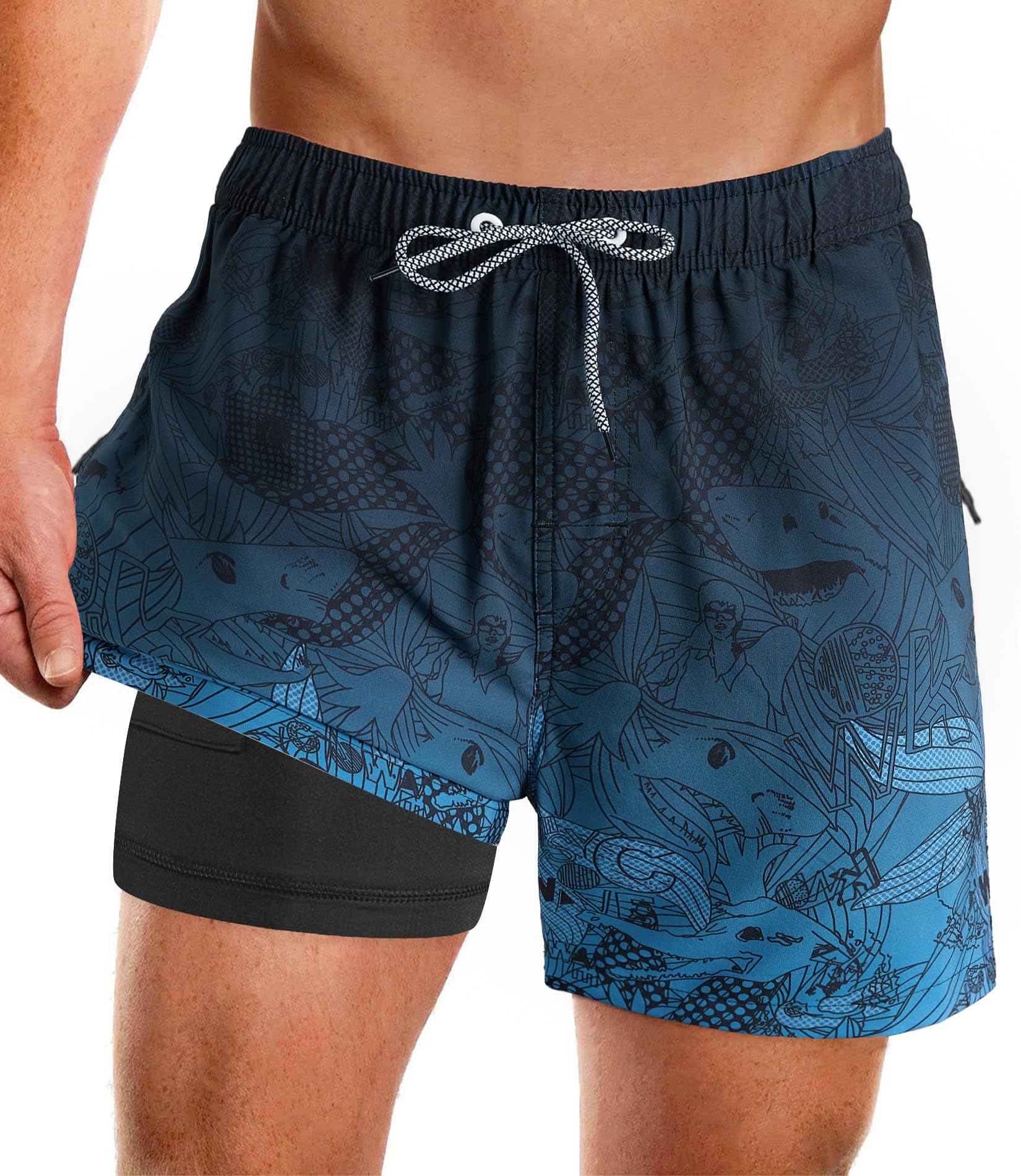 APTRO Herren Badeshorts Badehose mit Innenhose Schnelltrocknend Boardshorts mit Reißverschlusstaschen Sport Shorts