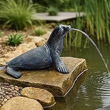 Wasserspeier Solar mit Pumpe – Teichfigur mit Solarpumpe & Wasserspiel – Gartendeko aus Polyresin in Bronze-Optik – Solarbrunnen für Gartenteich & Wasserlauf (Seehund 30x23x20 cm)
