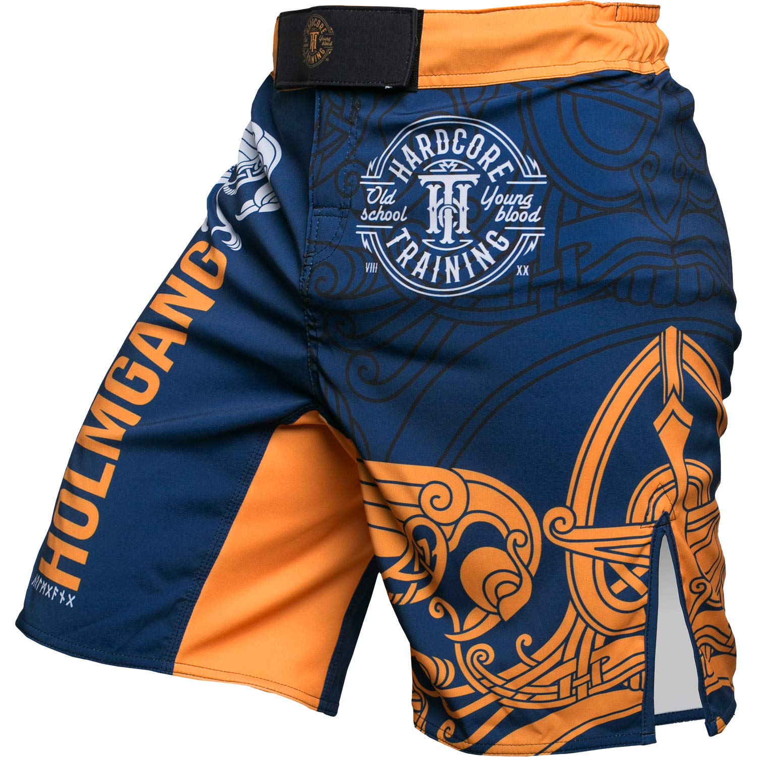 Hardcore Training Fight Shorts Boks Męski Szorty do Walki MMA Combat BJJ Grappling Fitness Muay Thai Kickboxing No Gi (DE/NL/SE/PL, Alfa, L, Regularny, Regularny, Niebieski Żółty)
