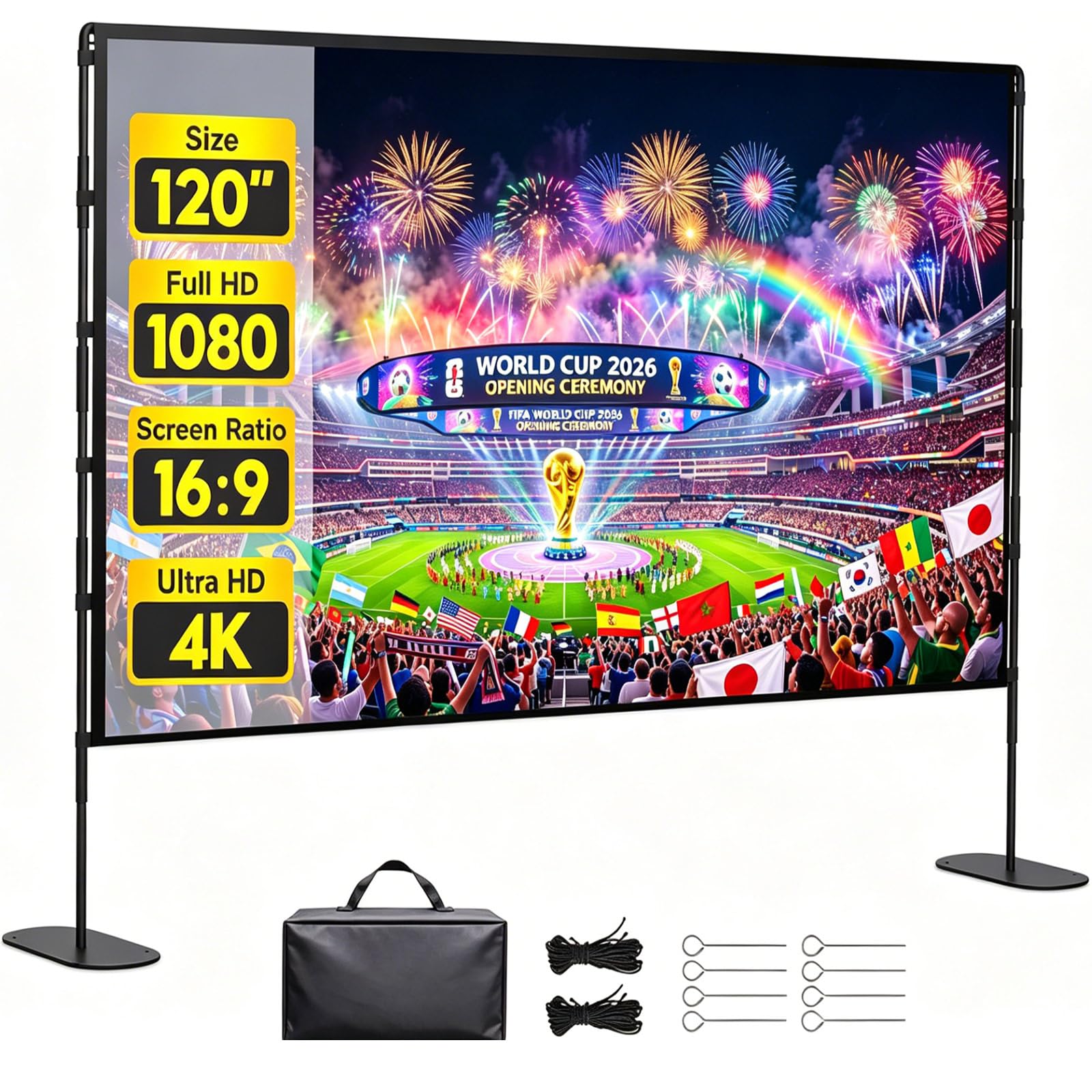 120 Inch Outdoor Projector Screen with Stand, Portable Indoor Outdoor Movie Screen, 16:9 4K HD Lightweight Projection Screen with Carry Bag for Backyard Movie Night