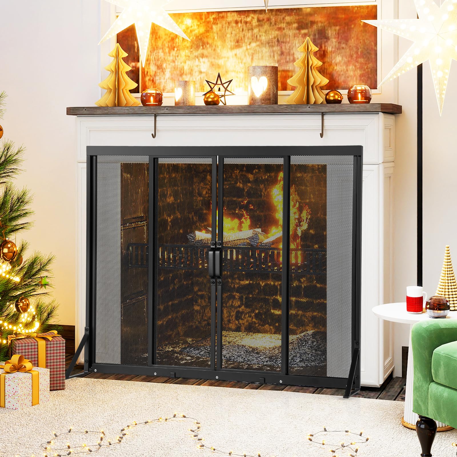 GIANTEX Schermo per Camino con Porte Scorrevoli in Metallo, Parascintille Protettivo 89 x 72/96 x 79 CM per Isolare Scintille e Cenere, Parascintille Camino con Supporto Triangolare (96 x 79 cm)