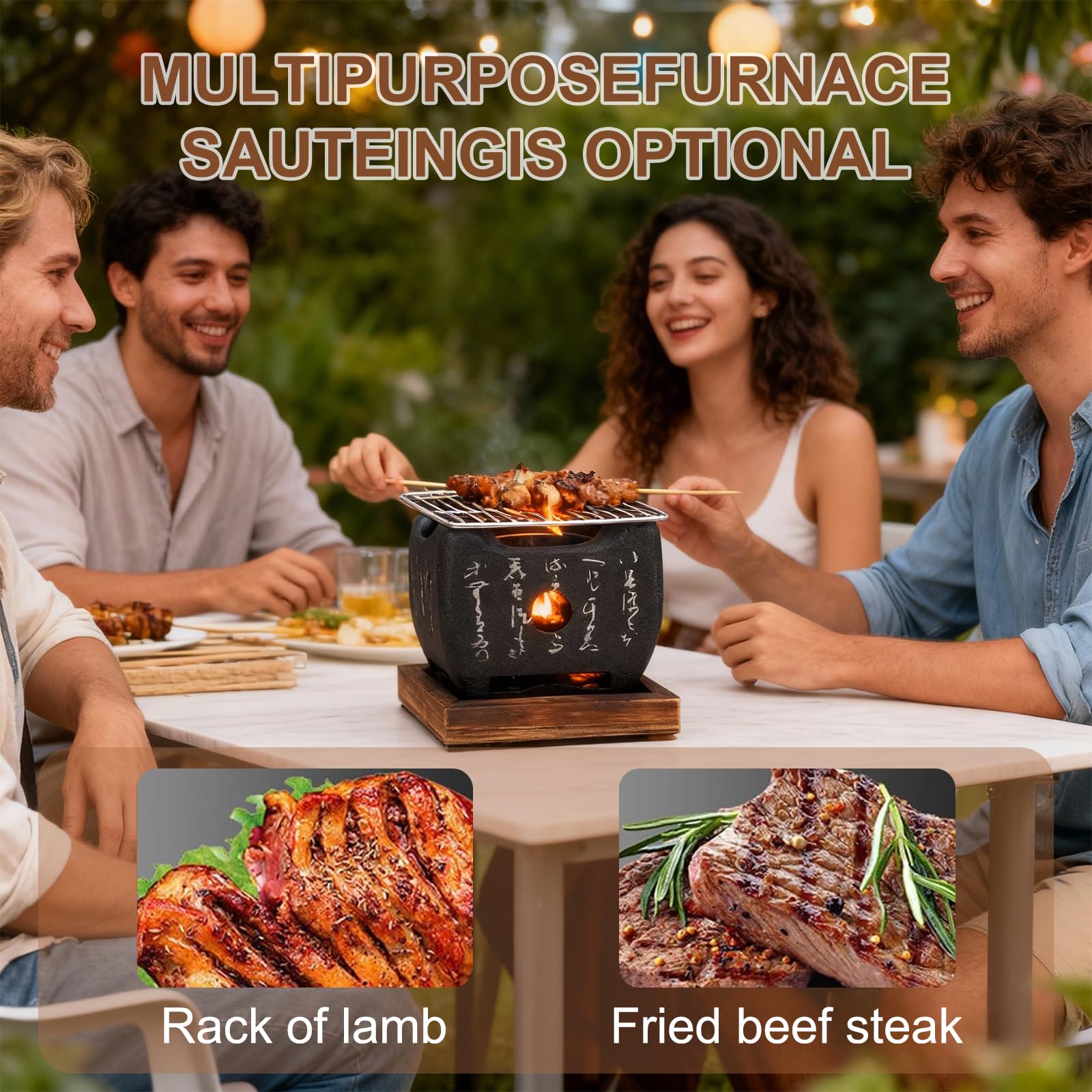 Mini Japanischer Grill aus Aluminiumlegierung, Deko-Holzkohlegrill mit japanischer Schrift, tragbarer Mini BBQ-Grill 12x12x11 cm, Stilvoller Tischgrill & Dekoration für Zuhause und Outdoor