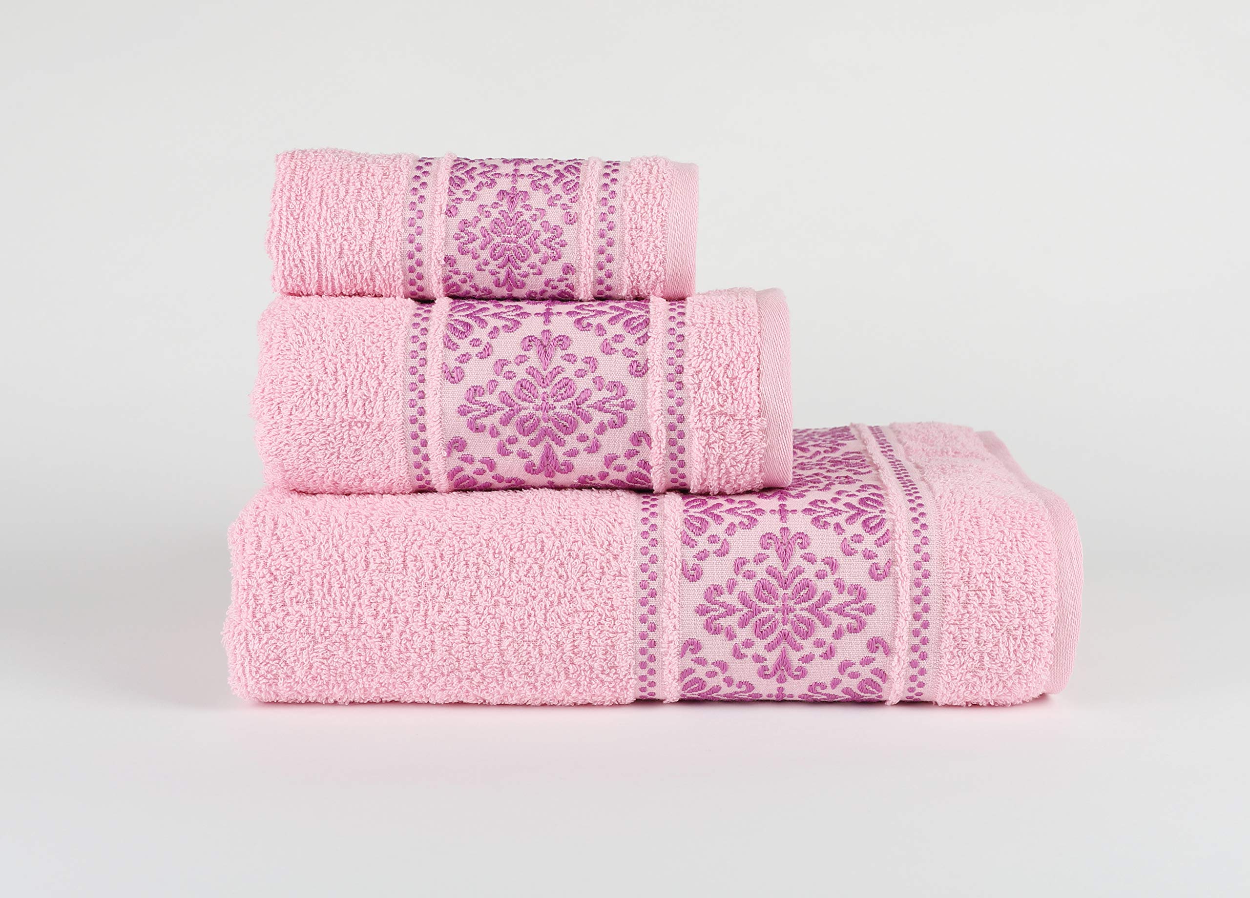Forentex Pack of 3 Star Multipurpose Basic Absorbent Towels for Bathroom Luxury, Gym, Beach, Pool, 100% Cotton, Pink, Sets 30 x 50, 50 x 100, 100 x 150 cm 3