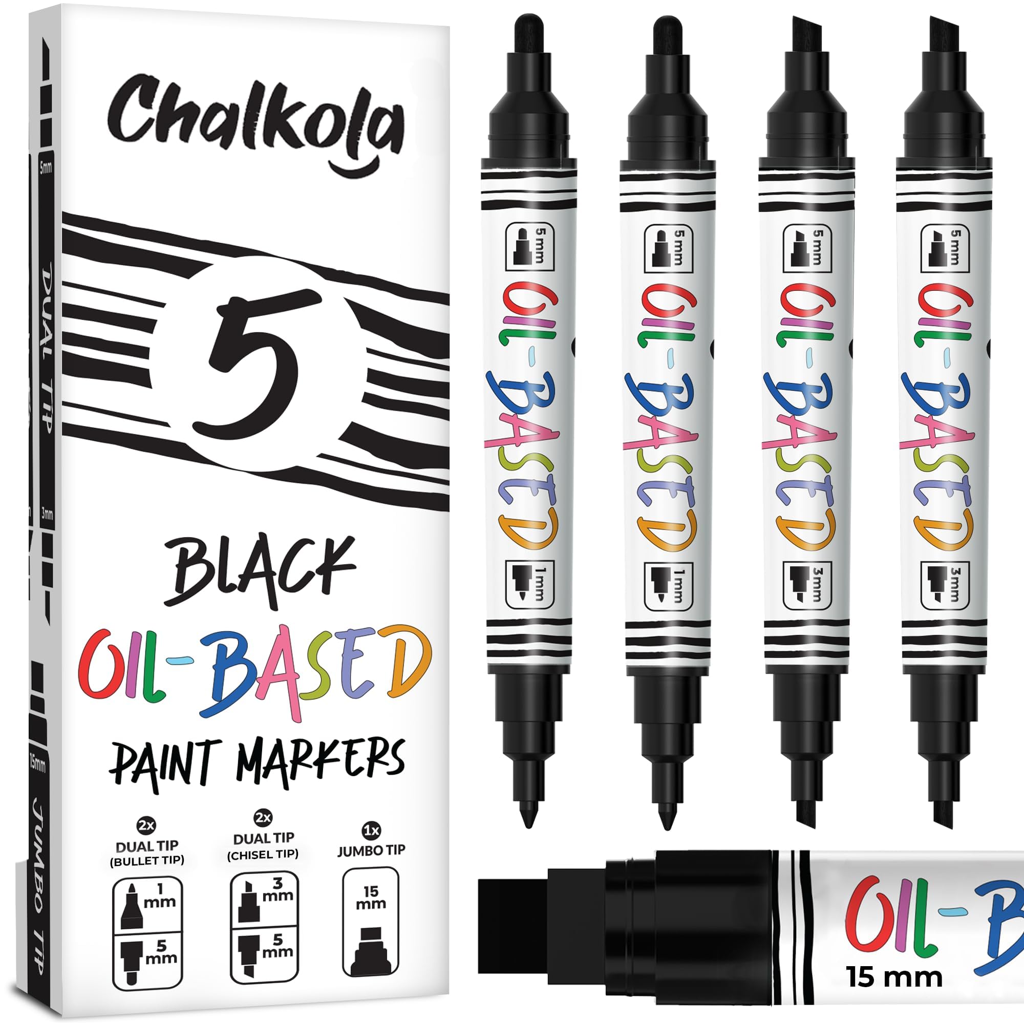Chalkola 5 Ölstift Lackmarker Schwarz (4 Dualspitze, 15mm Jumbo) – Lackstift Matt, Permanent-Marker, Wasserfester Stift Schwarz, Reifenstift, Schwarze Stifte Fur Metall, Glas, Holz