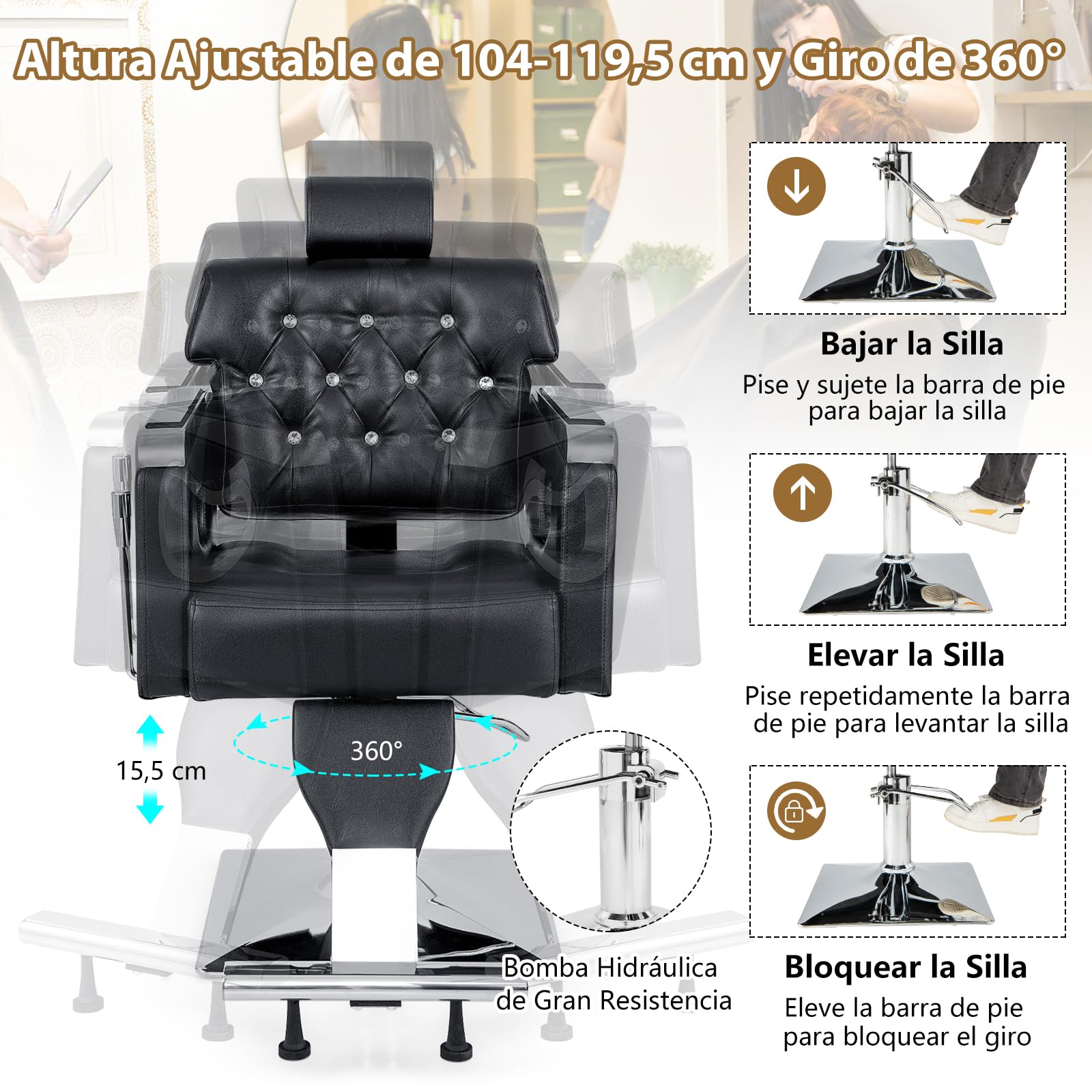 GOPLUS Silla Reclinable para Peluquería Goflame, Sillón Vintage con Bomba Hidráulica, Respaldo+Reposacabezas Ajustables, Giro 360°, para Maquillaje y Tatuajes
