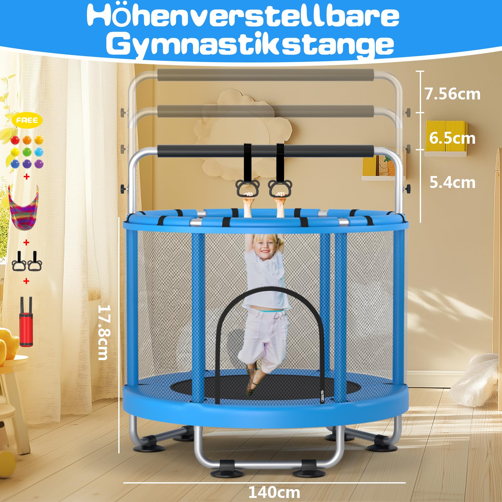 ZCMHAXJ Ø140 cm Trampolin Kinder mit Sicherheitsnetz – 200 kg Tragkraft, Trampolin Indoor/Outdoor – Mit höhenverstellbarer Turnstange & 5 Spielzeugen