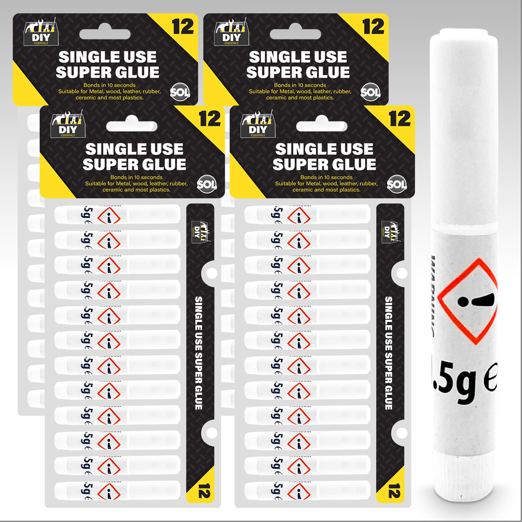 SOL48pk Single Use Super Glue 1.5g - Instant Multipurpose Superglue for Plastic, Wood & Metal - Strong Adhesive for Quick Repairs & Bonding - All-Purpose Instant Glue Multipack