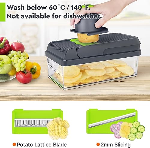 Miniatura 3 de Picadora de verduras 12 en 1, picadora de verduras de 7 cuchillas, práctica picadora de alimentos con recipiente, rallador de queso, artículos