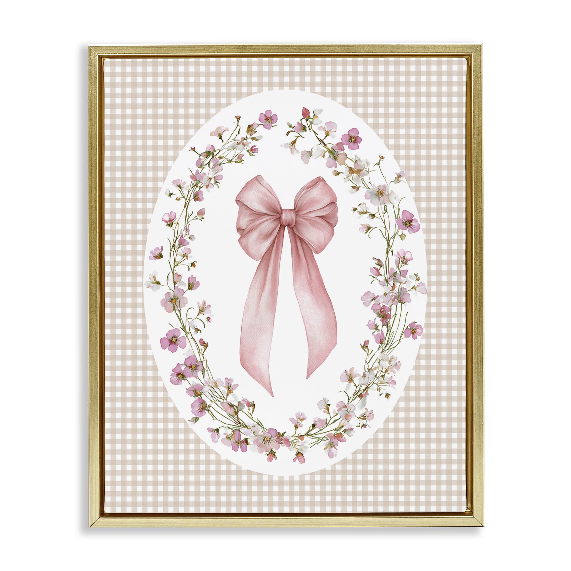 Stupell Industries Feminine Gingham Floral Bow 'Feminine Gingham Bow', Floating Frame Canvas Art, Gold, 25 X 31 Inches, Easy To Hang And Sturdy, Made In Usa, By Christine Simpson Art