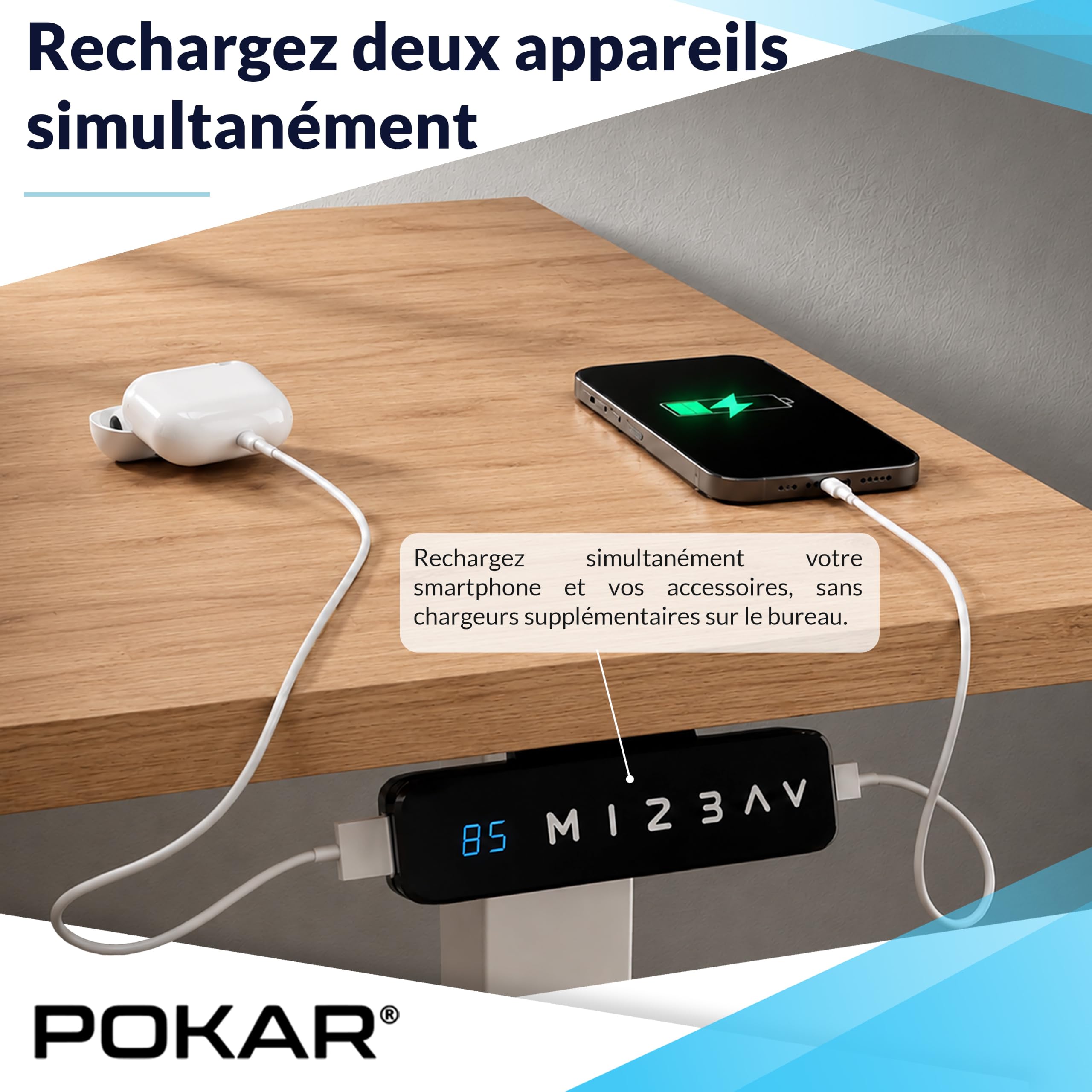 POKAR Bureau Assis Debout Électrique 120x70 cm | Plateau Massif 25mm | Panneau à Mémoire avec USB-C et USB-A | Bureau Réglable en Hauteur pour Télétravail | Cadre Argent, Plateau Chêne Sonoma