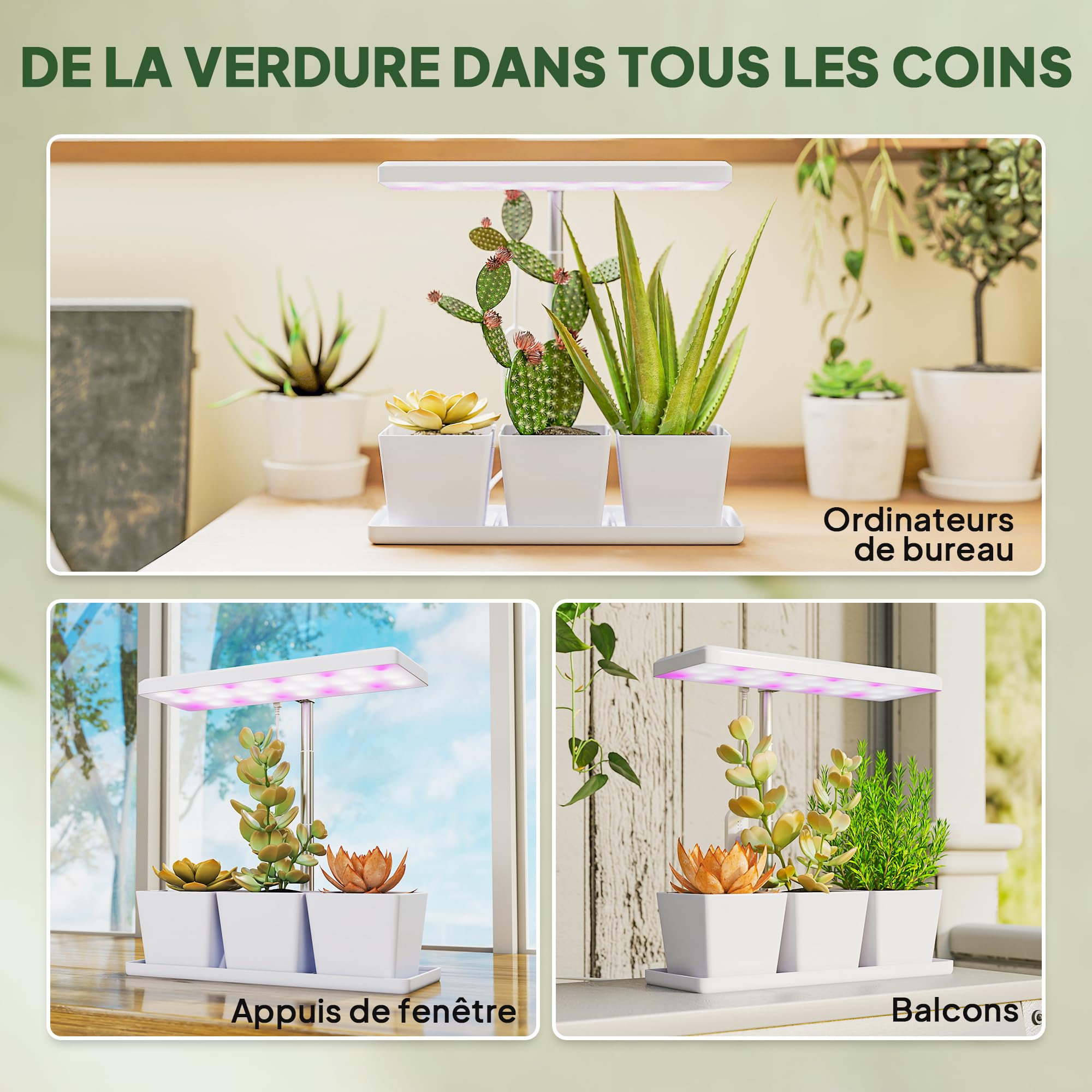 Outsunny Lampe de croissance 10W lampe plante de culture LED à spectre complet avec 3 bacs à fleurs, minuterie marche/arrêt automatique 8/12/16/24 H, 5 niveaux de luminosité, hauteur réglable, blanc