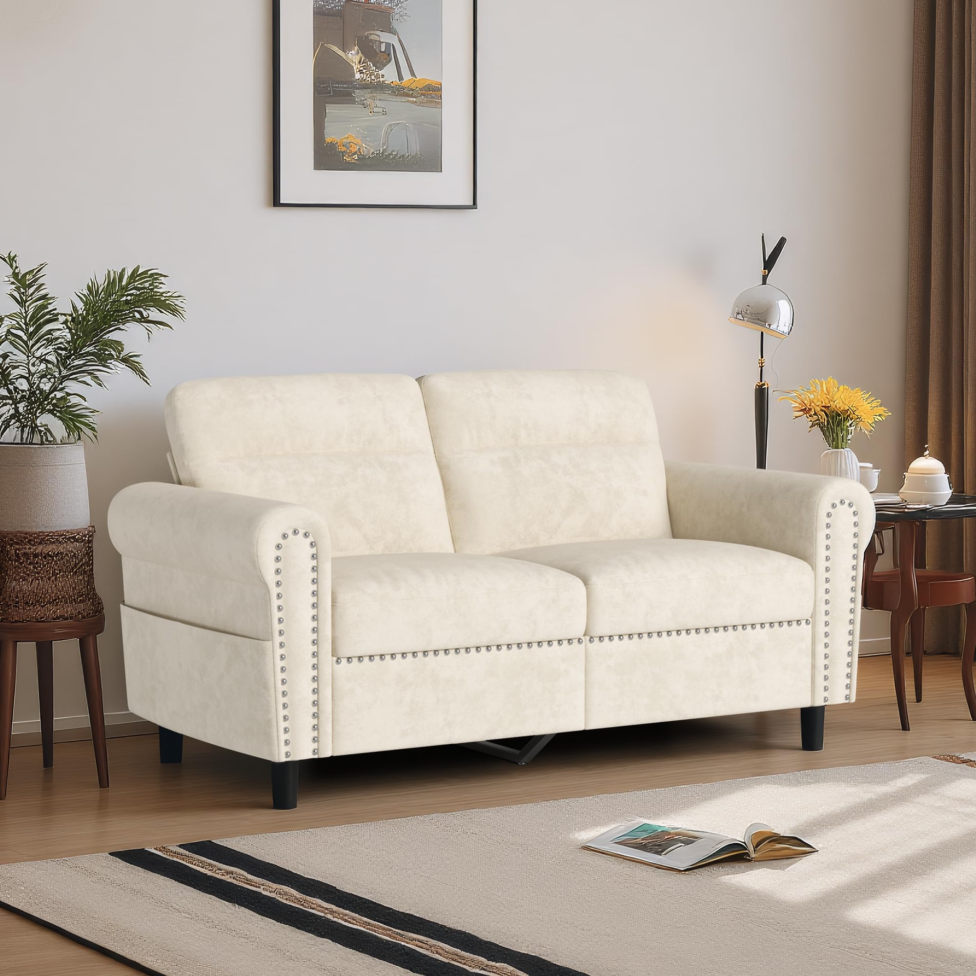 Sofá de 2 Plazas, Loveseat con Bolsillo Lateral, Sofá de Dos Plazas con Cojines Extraíbles para Salón, Dormitorio, Oficina, 152 x 76 x 84 cm (Beige)