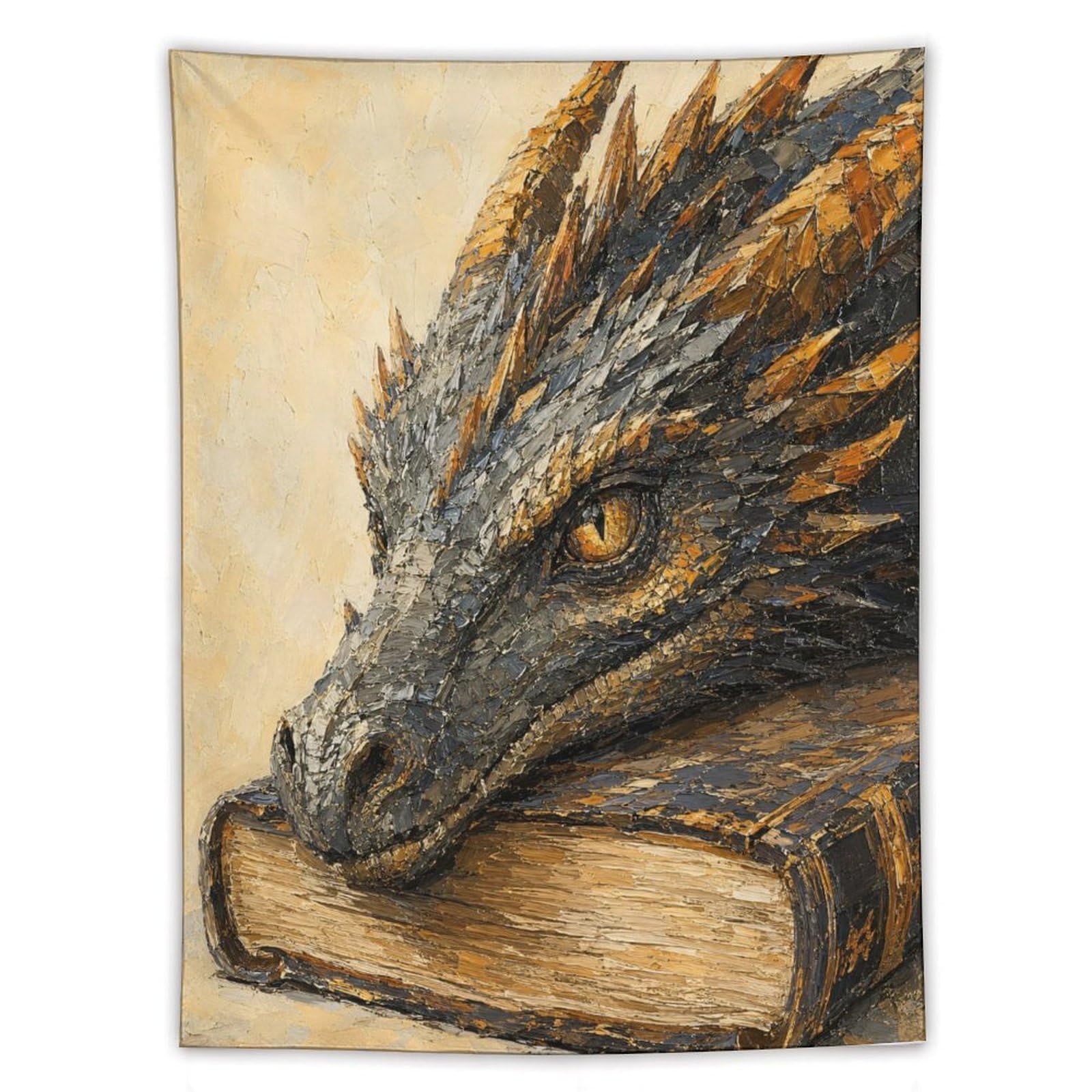 W7C8U2X3 Dragon Resting on Book Wall Tapestry, Surrealist, Fantasy Creature
