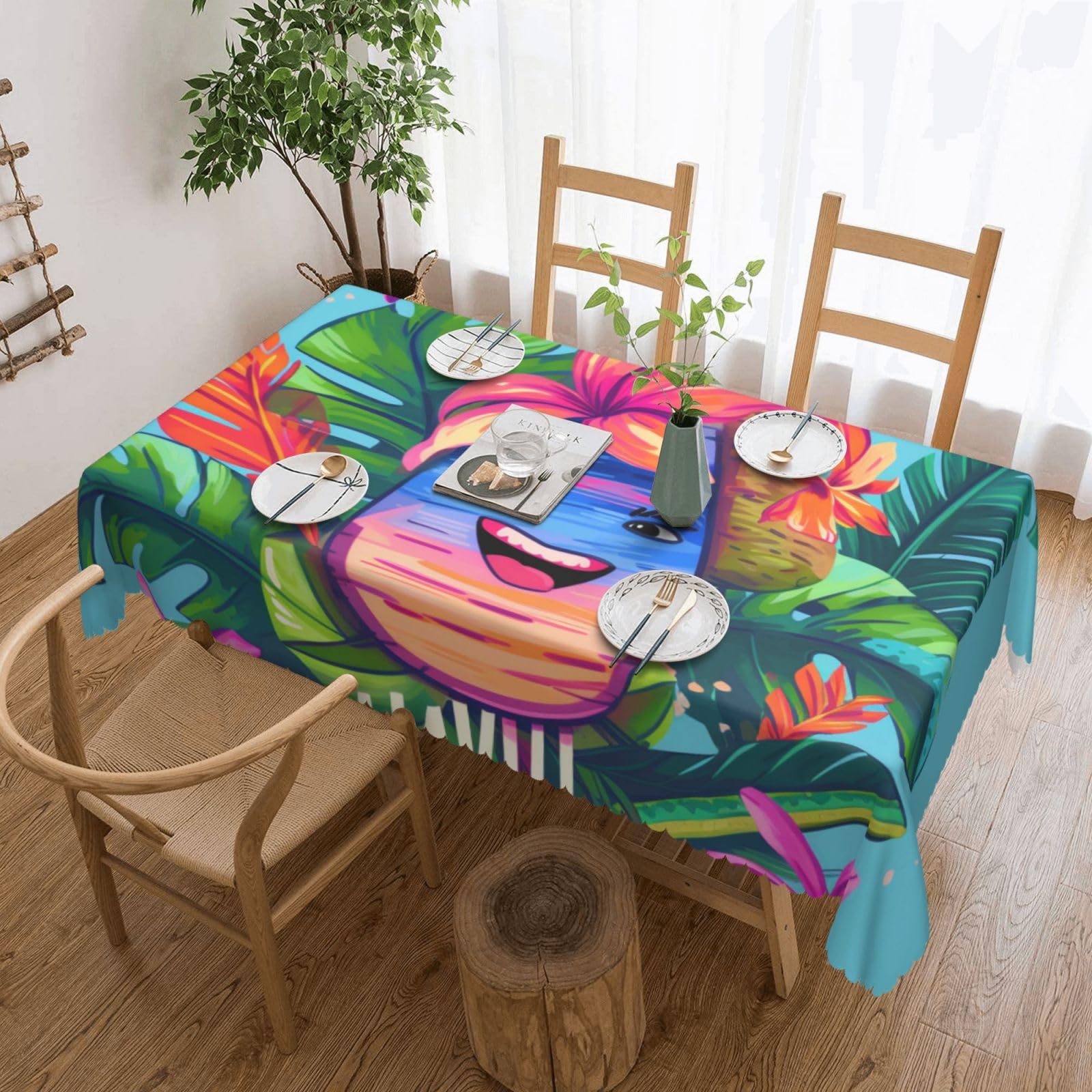 WPKJU Hello Hawaii Printed Rectangle Tablecloth 72x54 Inch with Lace Trim, Water-Resistant Washable Table Cover for Farmhouse Weddings, Outdoor Picnics & Holiday Dining