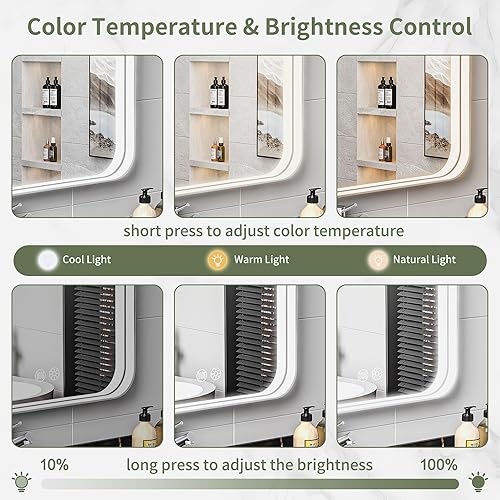 Miniatura 2 de Vosuja Espejo de baño LED de 16 x 24 pulgadas con luces, marco plateado rectangular redondeado con diseño de tira de luz incrustada, 3 colores y