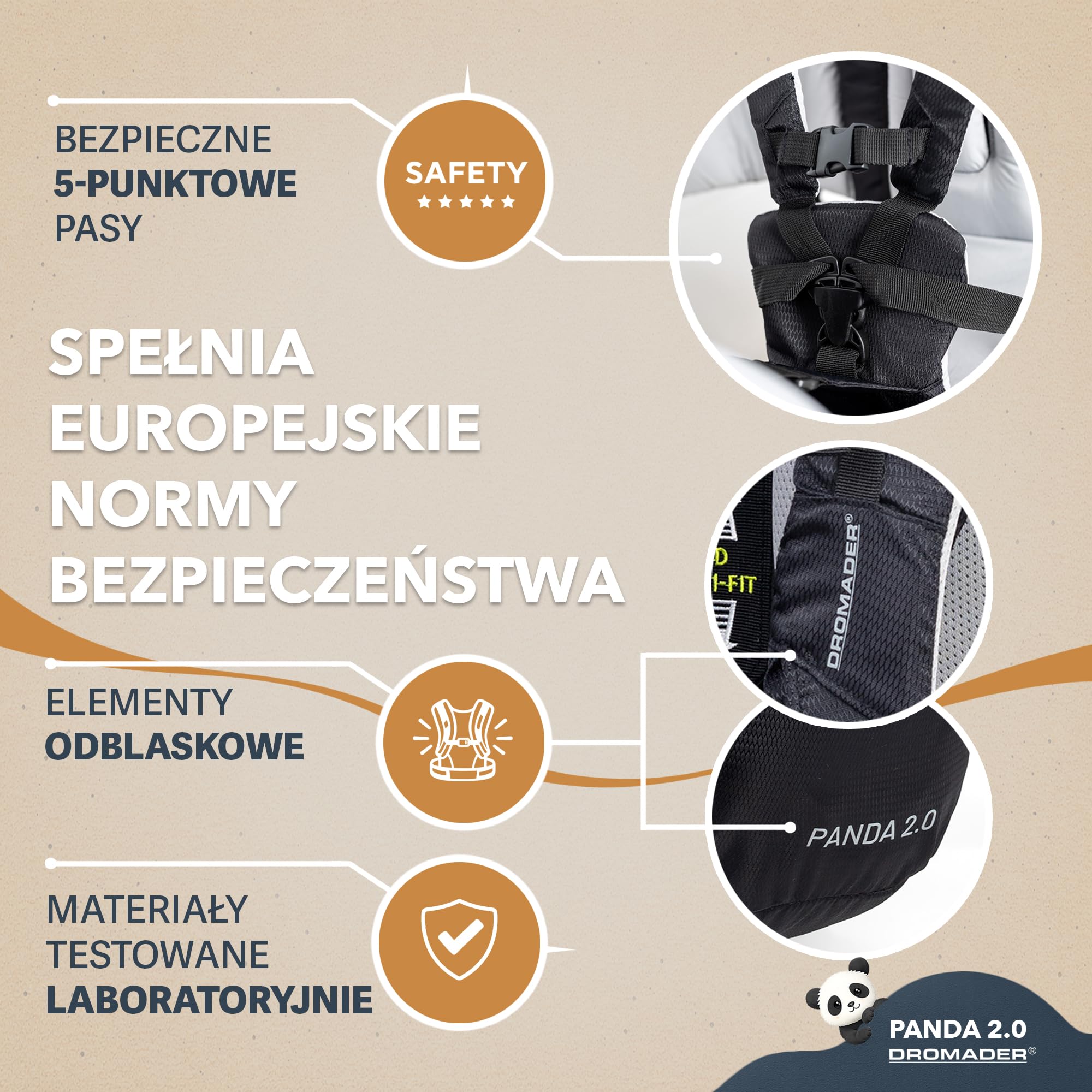 Dromader Nosidełko Turystyczne dla dzieci do 18kg - Regulowane Siedzisko z Poduszką do Spania - Chowany Daszek Przeciwsłoneczny - System Nośny Odciążający Kręgosłup - Kieszeń Termiczna – Panda Black