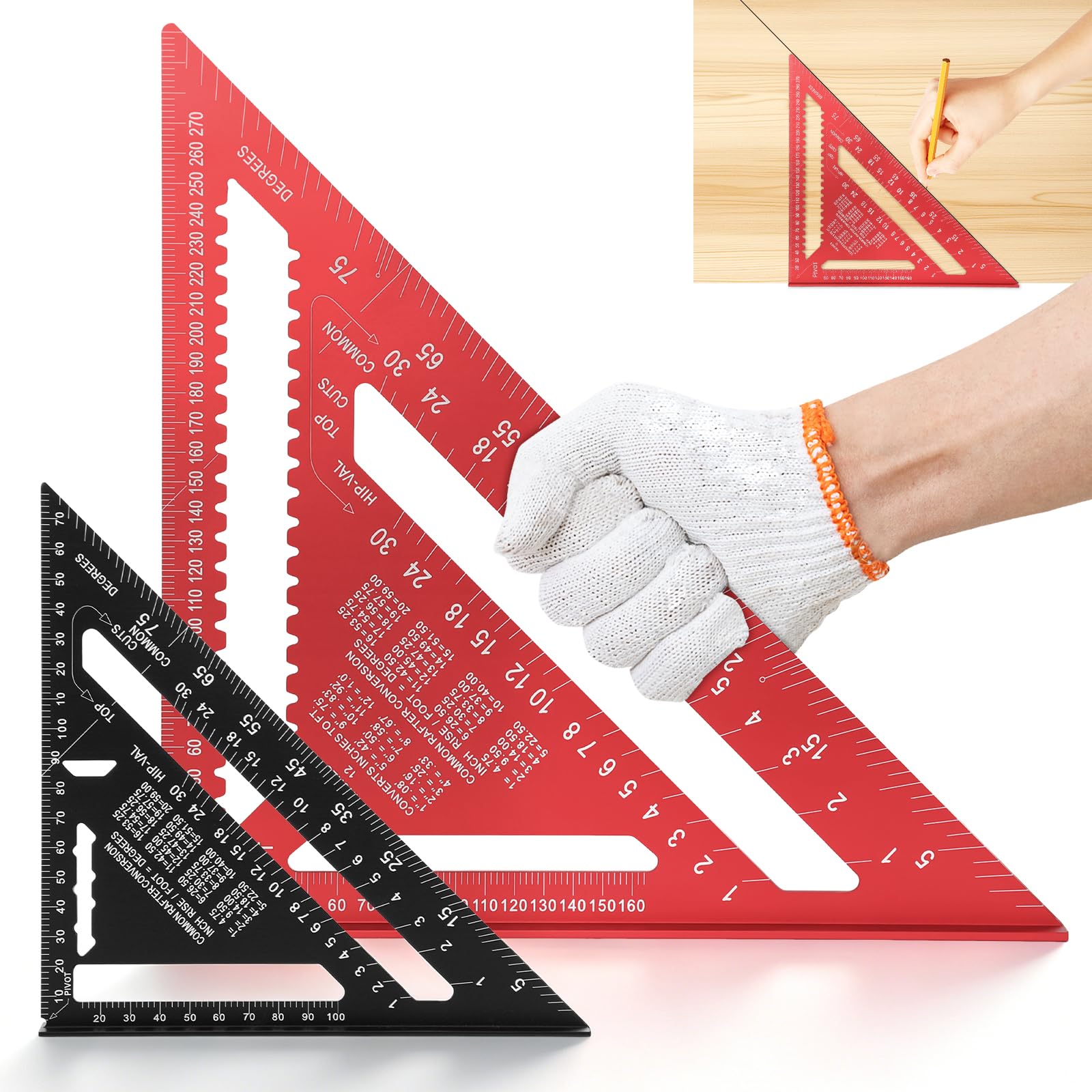 Speed Square Set, 2 Pcs Aluminum Alloy Metric Triangle Ruler (Red+Black)