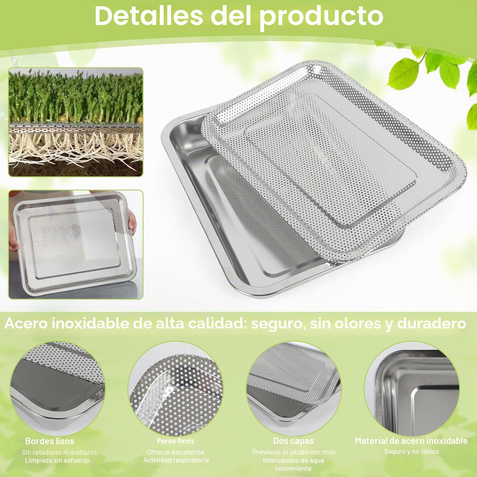 2 in 1 Bandejas de Germinación en Acero Inoxidable con Bandeja Colador, 32 x 22 cm Germinador de Semillas para el Cultivo de Brotes Bio, Hierba de Gato, Berros, Cultivo Hidropónico