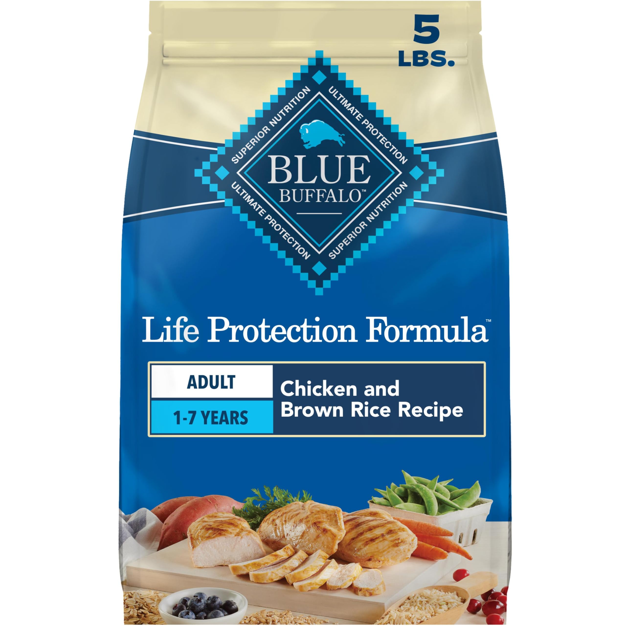 Amazon.com: Blue Buffalo Life Protection Formula Chicken & Brown Rice Adult  Dry Dog Food, Supports Immunity with Antioxidant-Rich LifeSource Bits,  Promotes Healthy Muscle Development, Skin & Coat Health, 5 lbs. : Pet