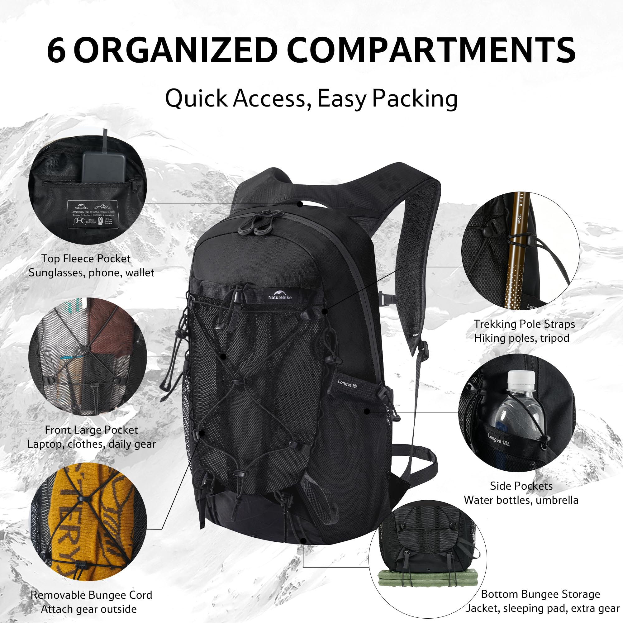 Naturehike Plecak turystyczny, męski, damski, plecak dzienny, 18 l, wodoszczelny, podróżny, outdoorowy, na kemping, wędrówki, jazdę na rowerze, czarny