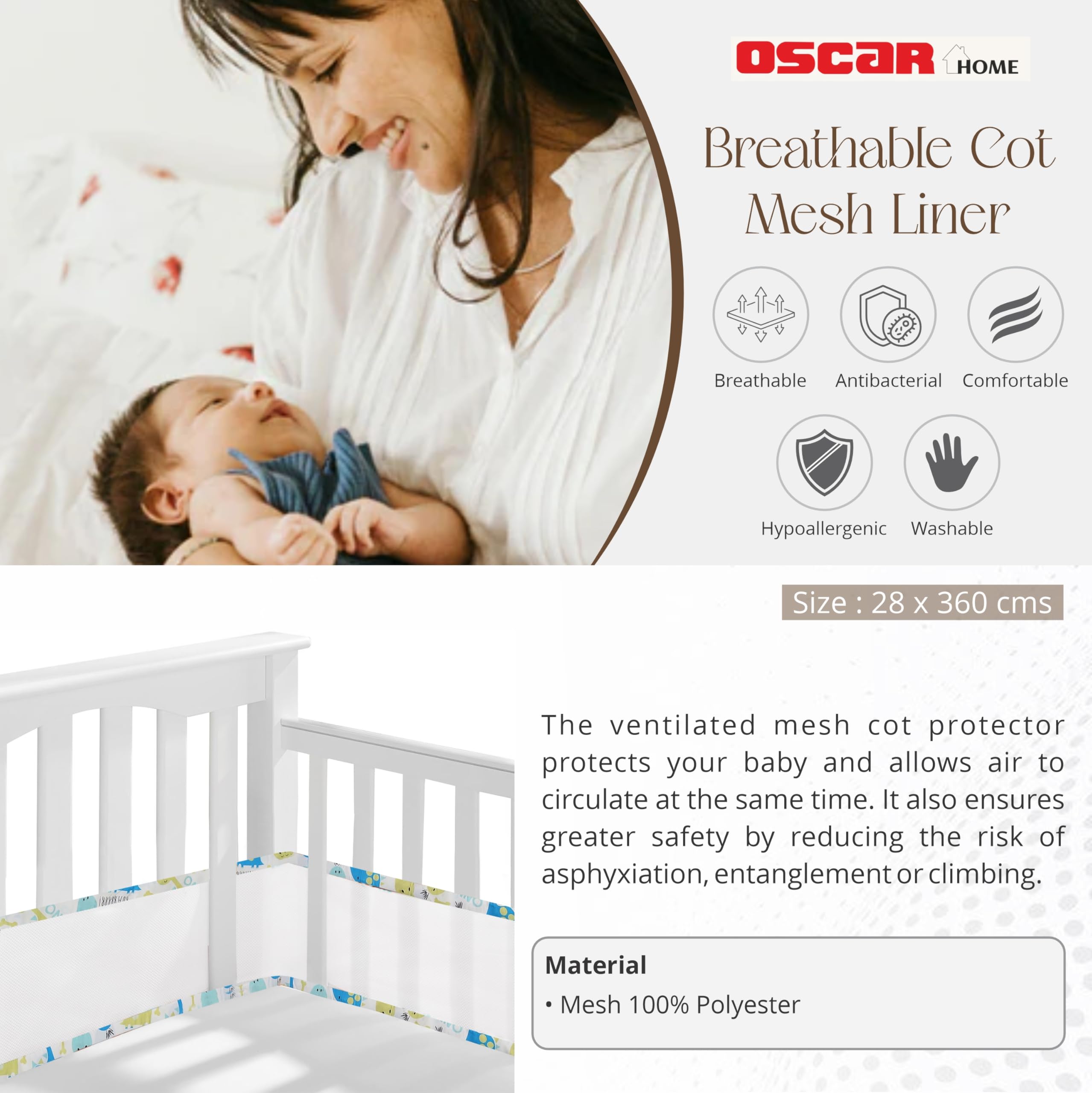 Oscar Home Breathable Mesh Crib Liner - Crib Liner Best for Your Baby Safety -Fits Full Four Sides of Crib Bed. 28 x 360 cms (Esquire) 2