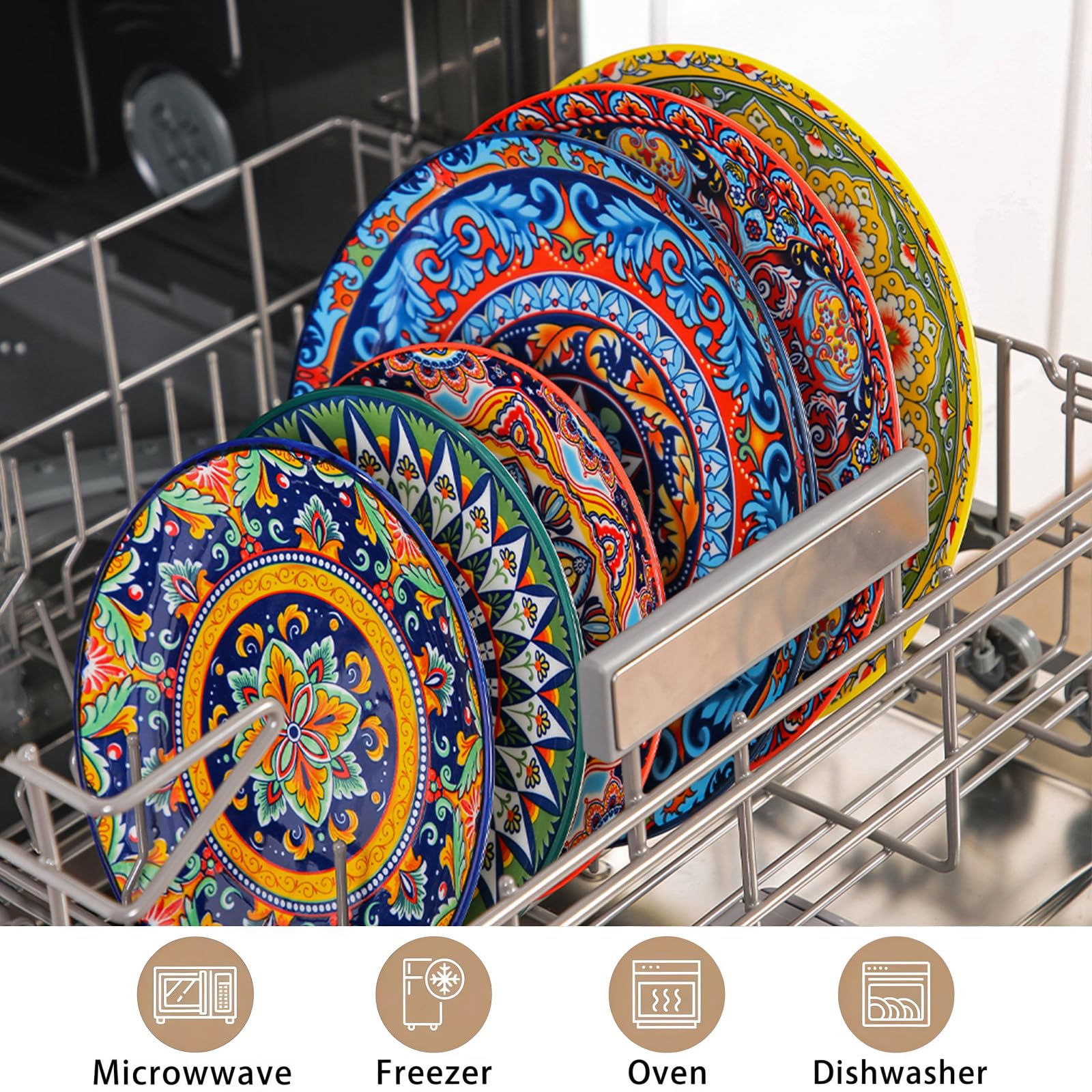 12-Piece Ceramic Plate Set, 10" & 8" Plates, Bohemian Style, for 6 People, Ideal for Gatherings & Festivals, Microwave & Dishwasher Safe, Scratch Resistant
