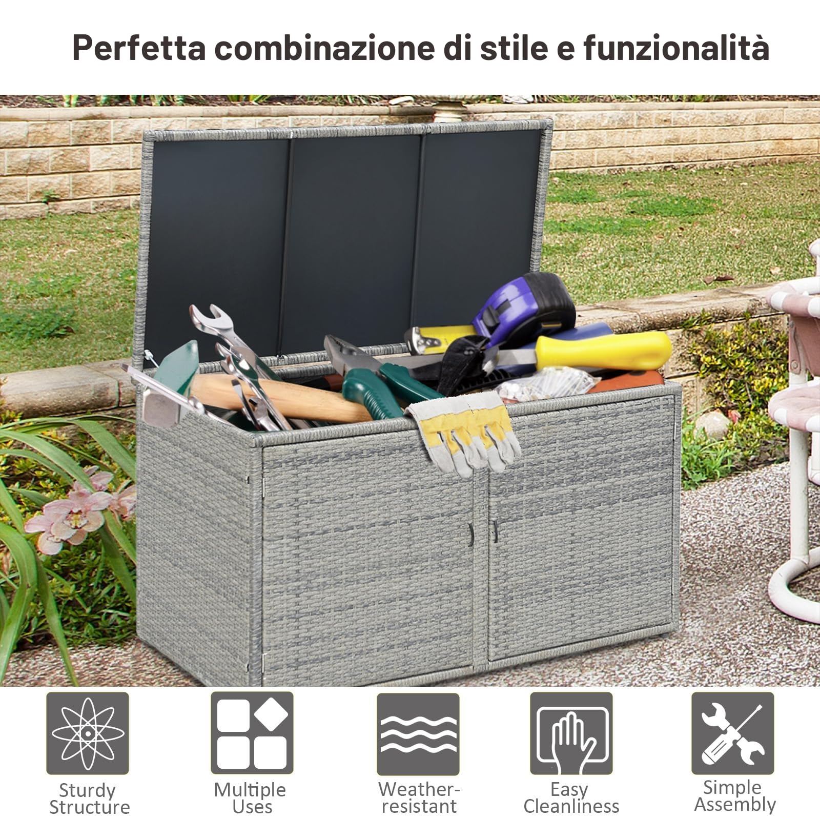 KOMFOTTEU Cassapanca Contenitore da Esterno 330L Rattan Telaio Acciaio Baule Giardino Resistente UV Impermeabile 115x60x65 cm Grigio