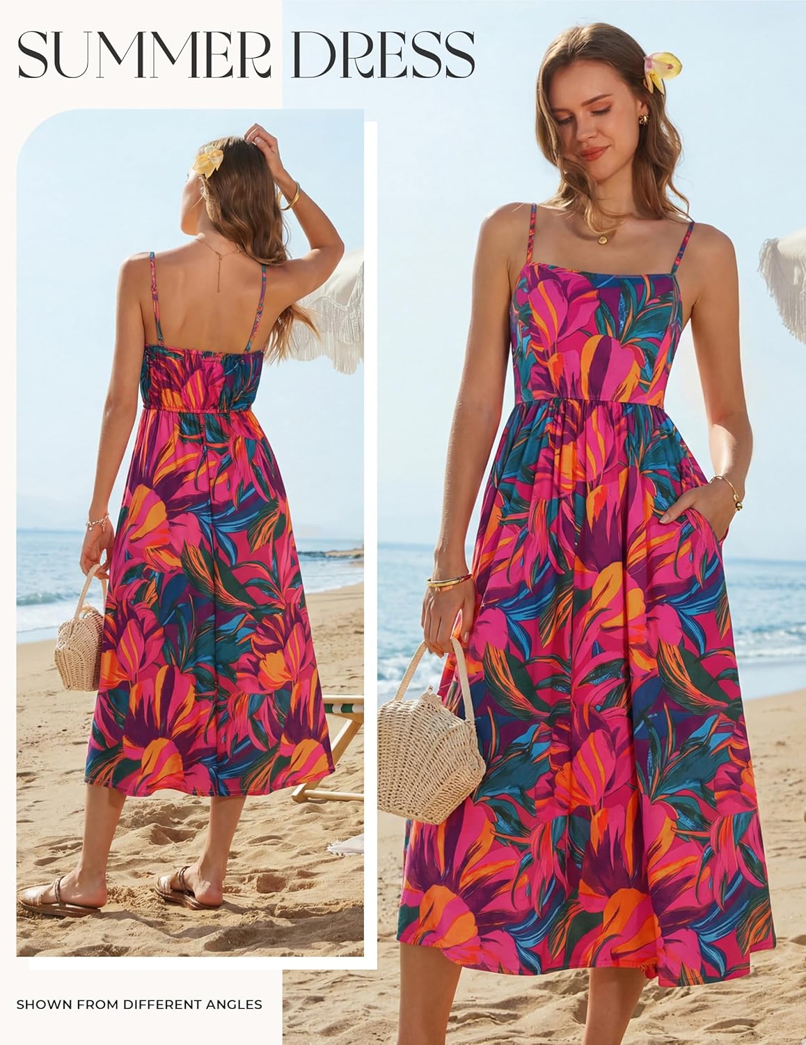 GRACE KARIN Summer Wedding Guest Dresses for Women 2026, Spaghetti Strap Beach Boho Maxi Dress,Flowy Floral Dress with Pocket - Image 2